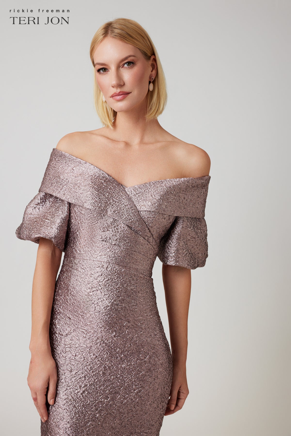 Metallic Jacquard Off Shoulder Puff Sleeve Gown