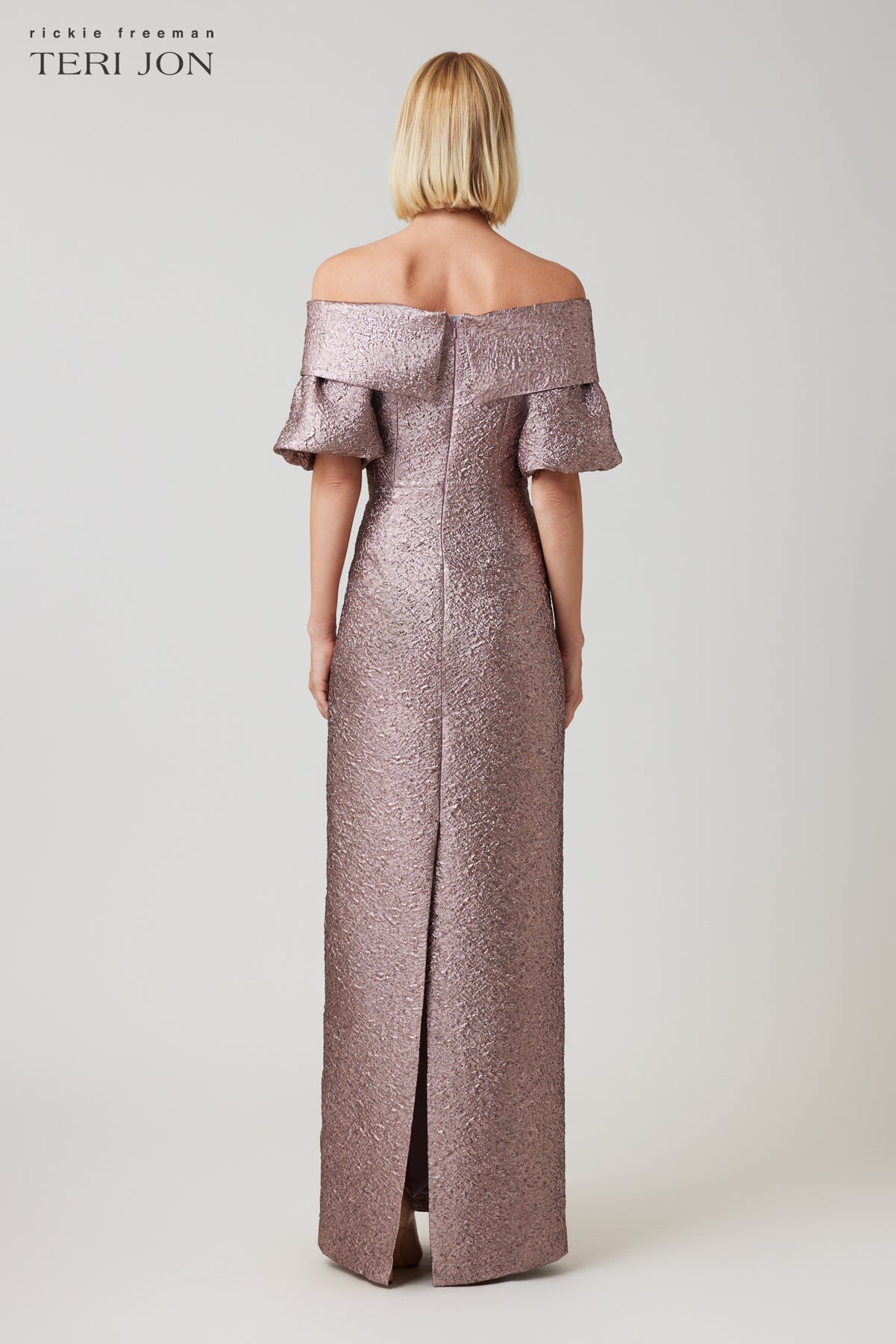 Metallic Jacquard Off Shoulder Puff Sleeve Gown