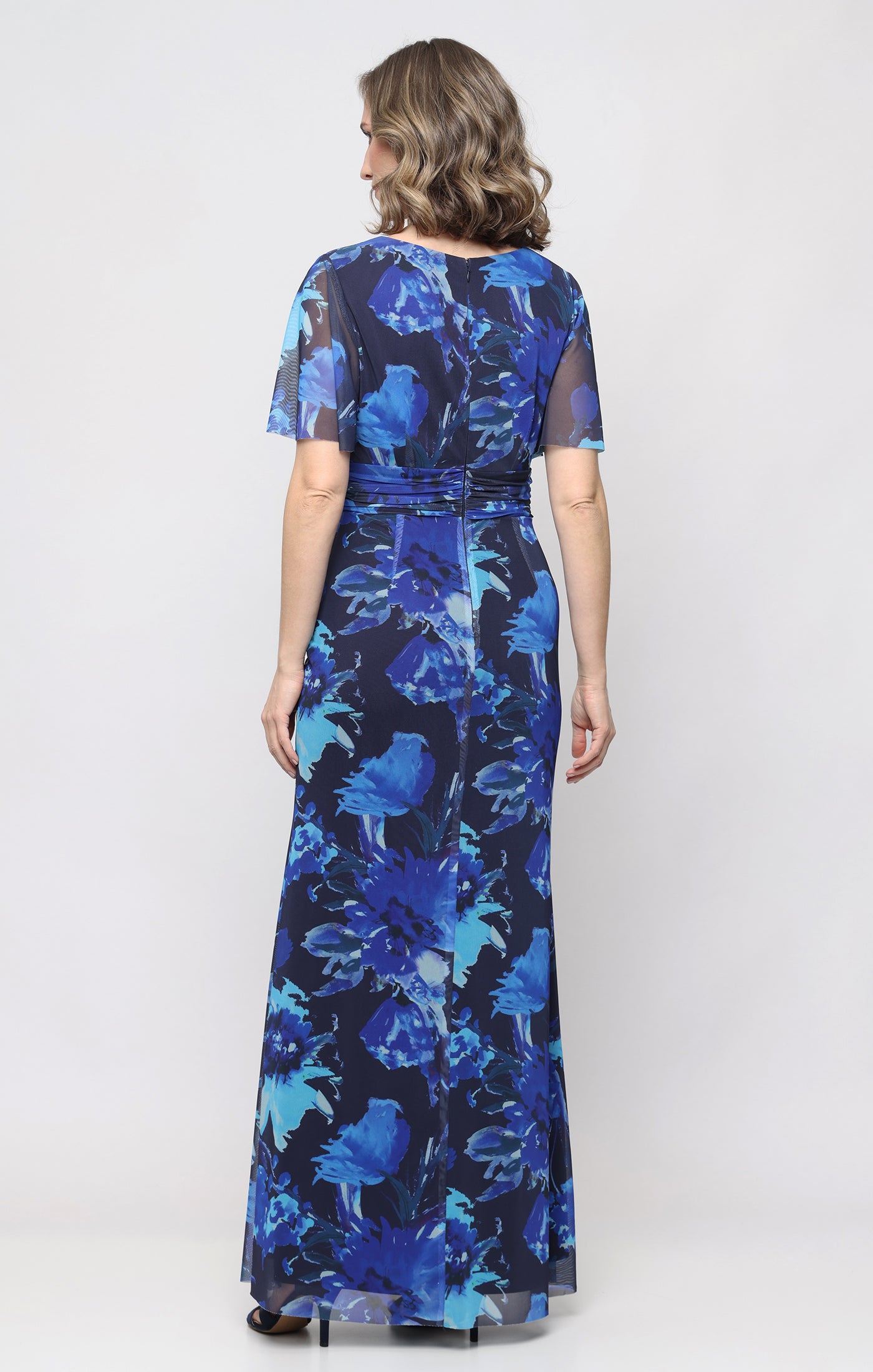Long Printed Mesh V-Neckline Dress with Ruched Waist Detail and Flutter Sleeves