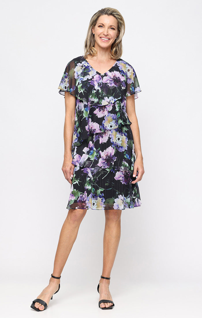 Printed Lurex Chiffon Dress with Embellished V-Neckline
