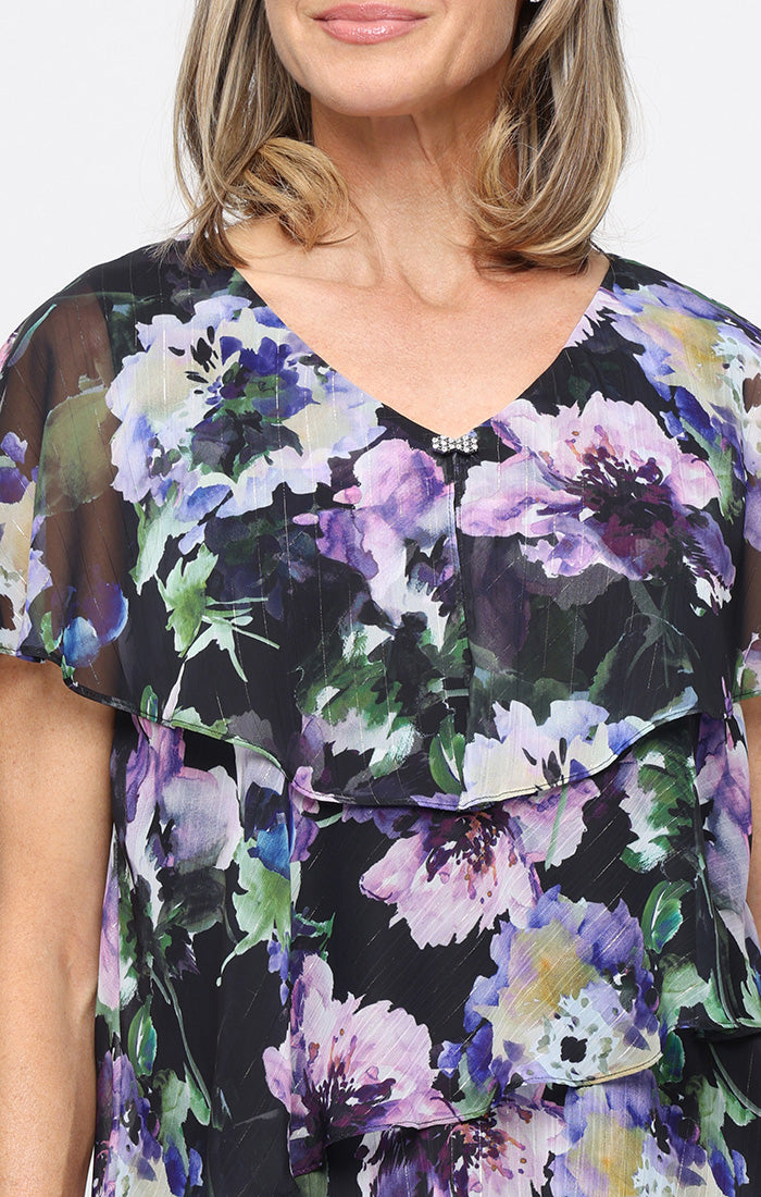 Printed Lurex Chiffon Dress with Embellished V-Neckline