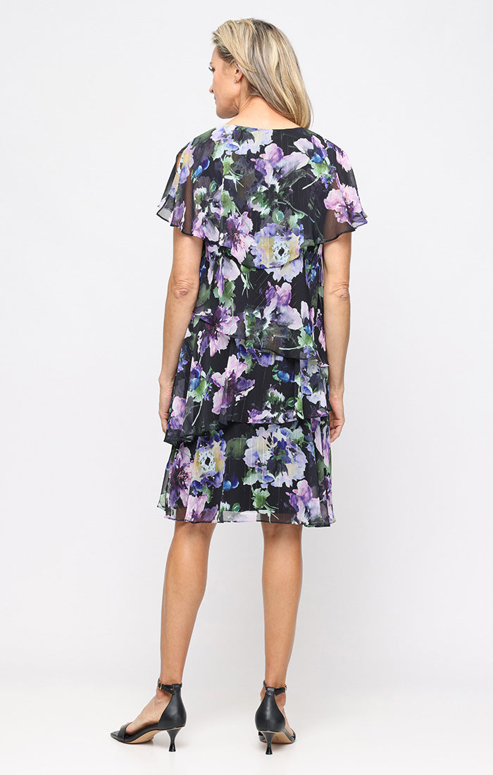 Printed Lurex Chiffon Dress with Embellished V-Neckline