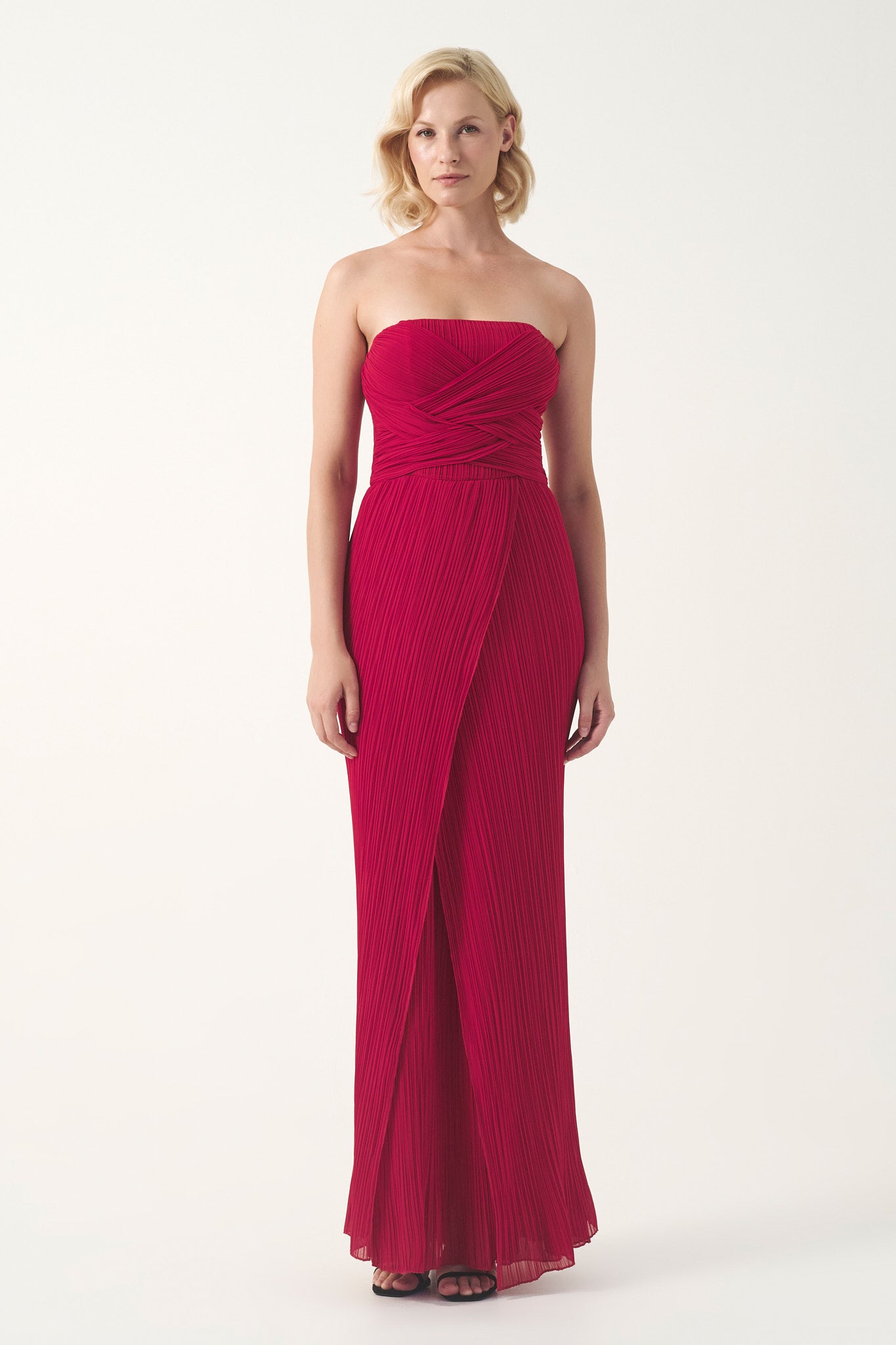 Strapless pleated gown with wrapped bodice