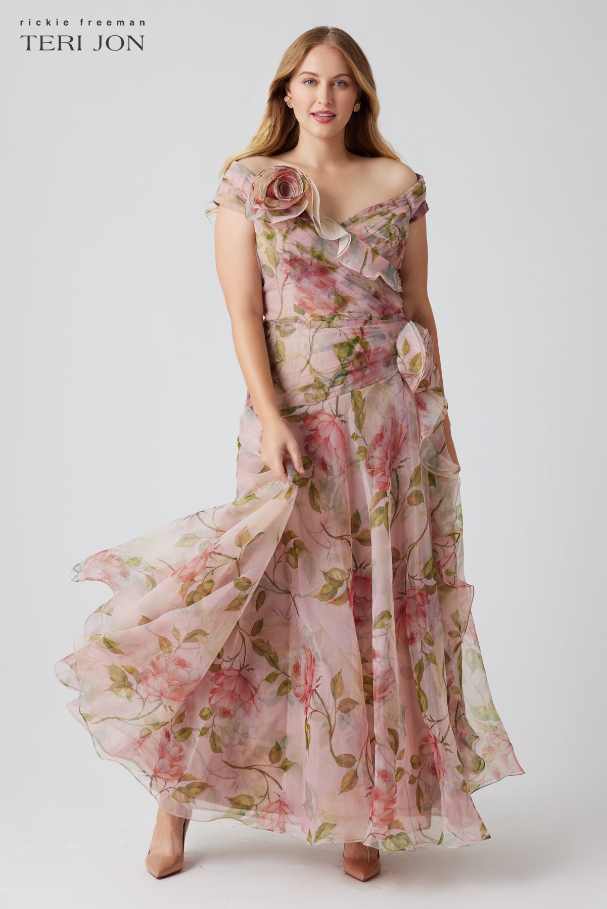 Off the Shoulder Organza Floral Gown