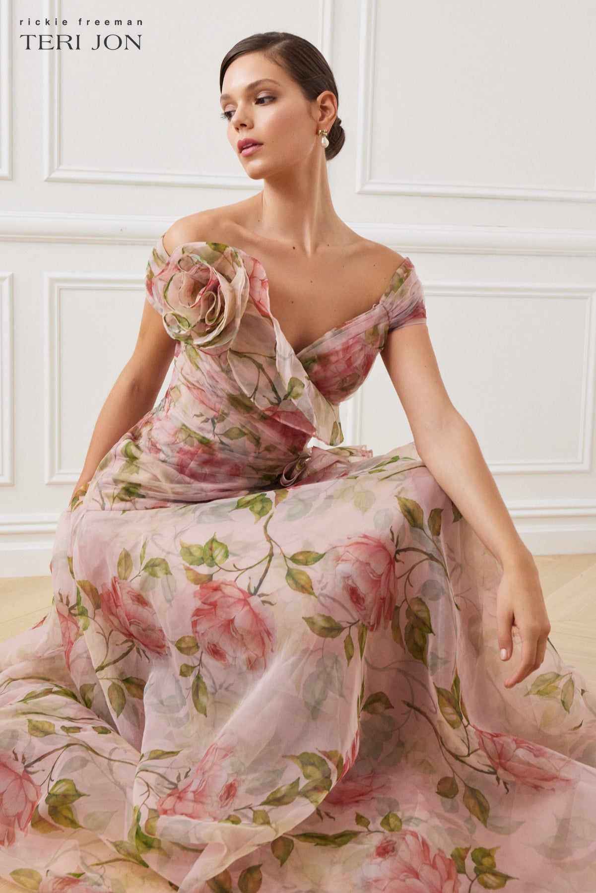 Off the Shoulder Organza Floral Gown