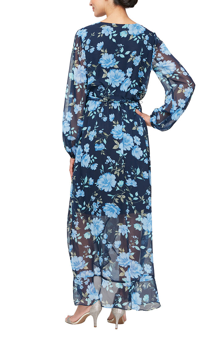 Long Printed Surplice Neckline Maxi with Tulip Overlay Skirt and Tie Belt