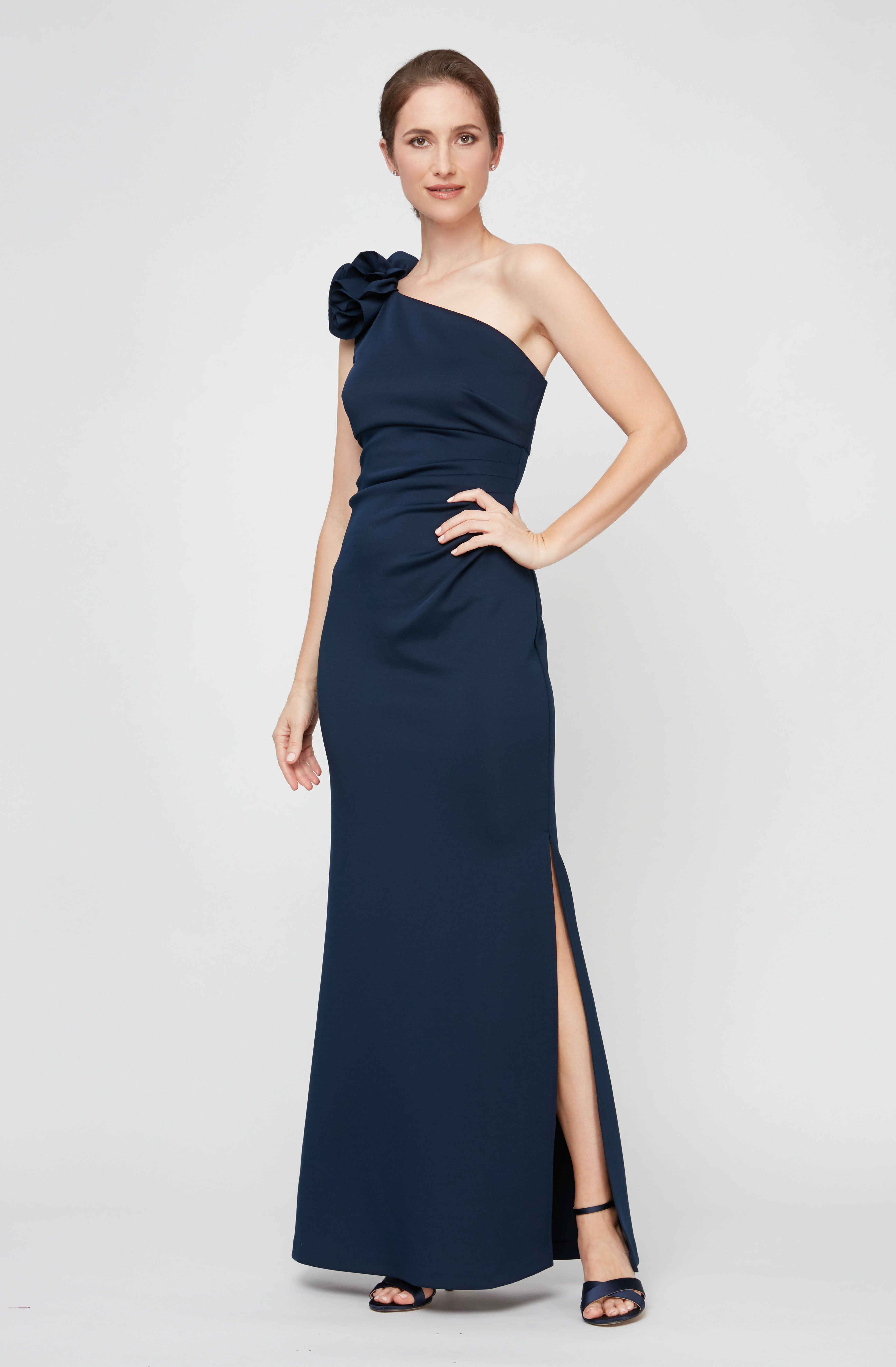 One Shoulder Compression Dress with 3D Floral Shoulder Detail