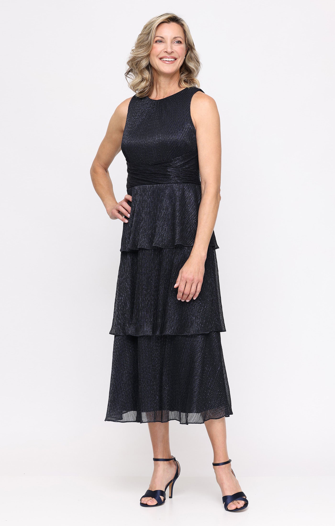 Tea Length Sleeveless Bodre Dress with Tiered Skirt