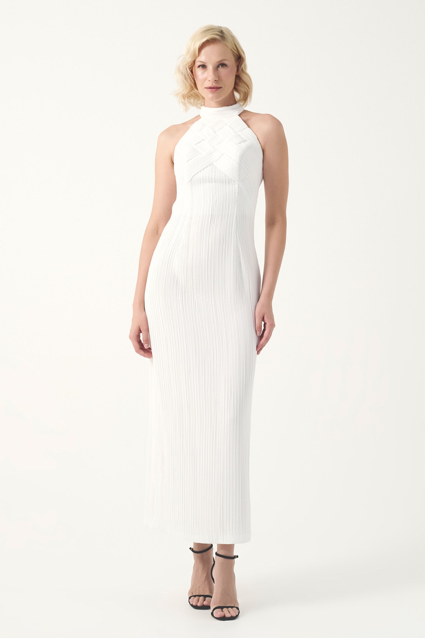 Halter Neckline Pleated Column Gown