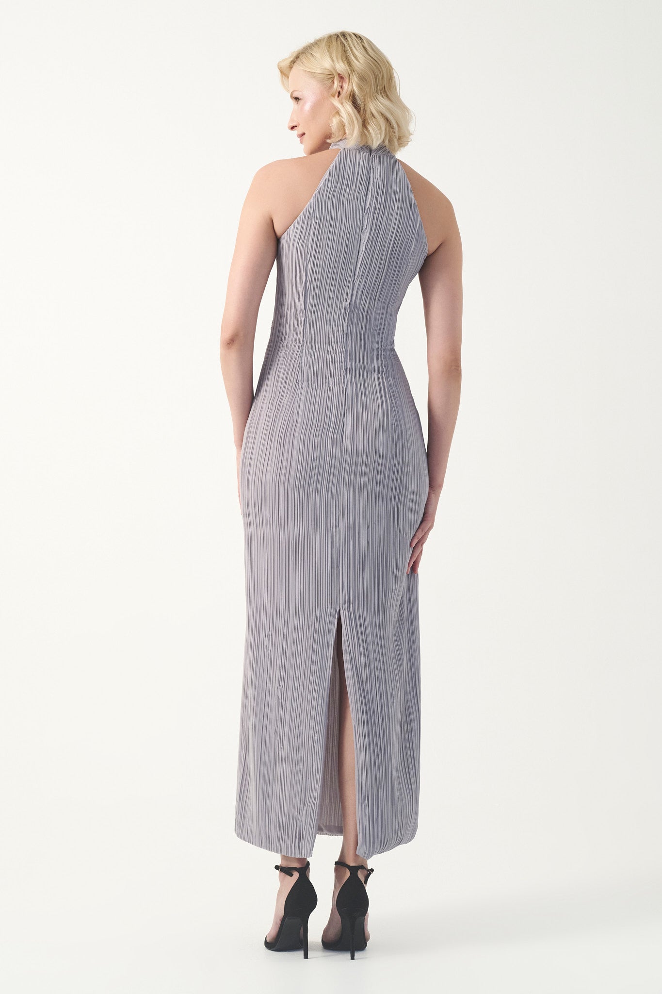 Halter Neckline Pleated Column Gown