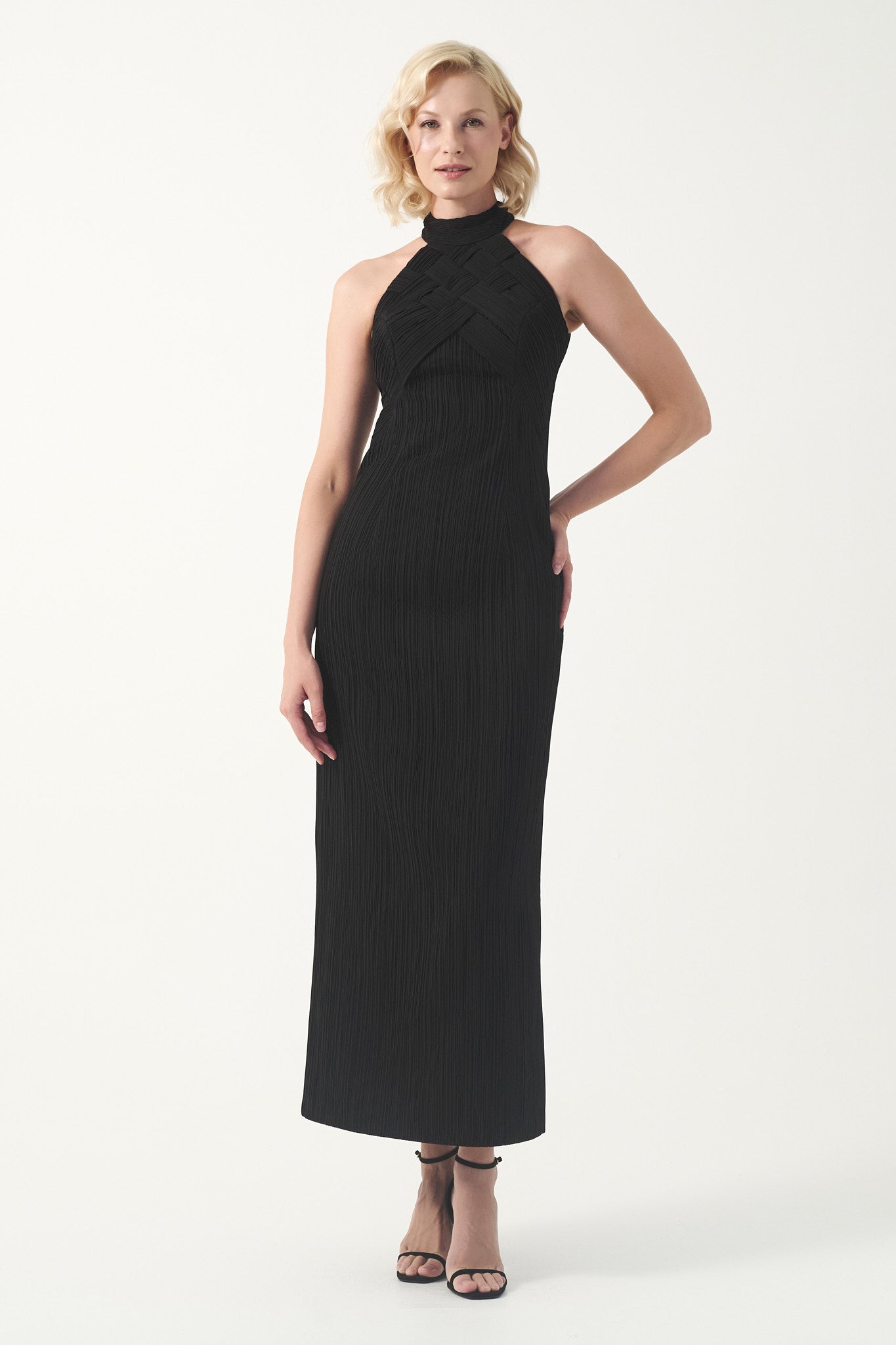 Halter Neckline Pleated Column Gown