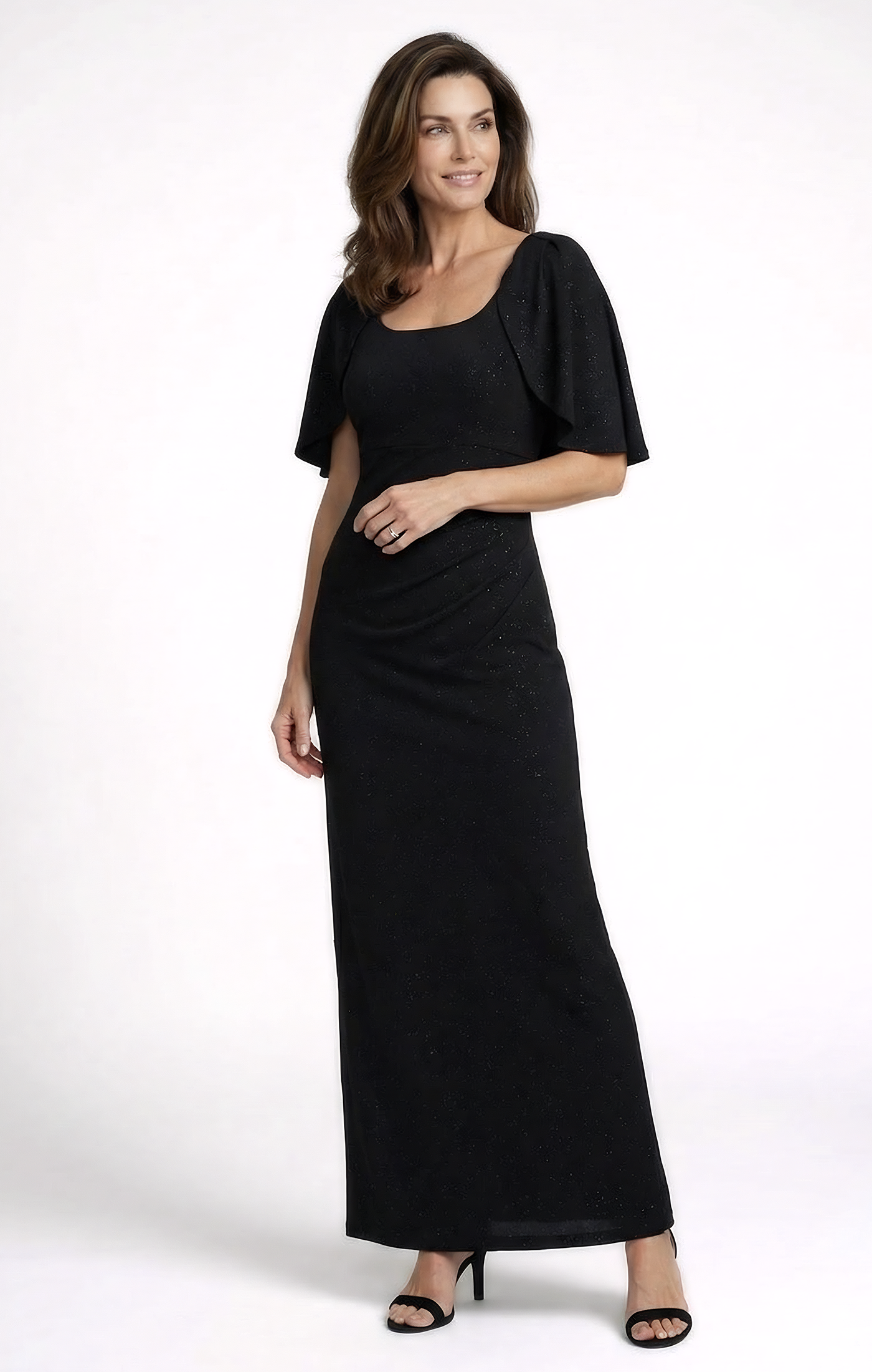 Long Glitter Knit Scoop Neck Dress with Capelet Sleeves and Empire Waist