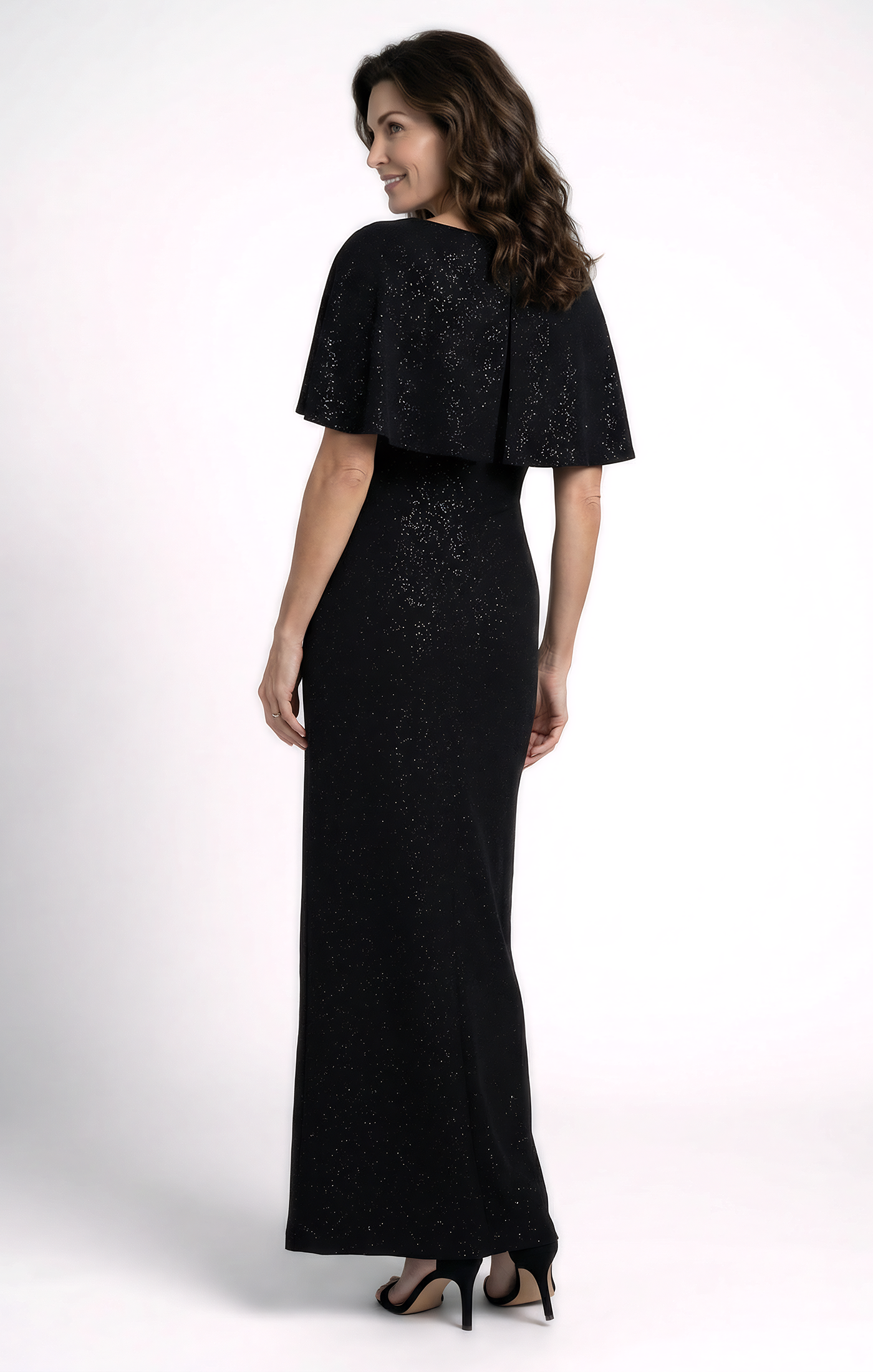 Long Glitter Knit Scoop Neck Dress with Capelet Sleeves and Empire Waist