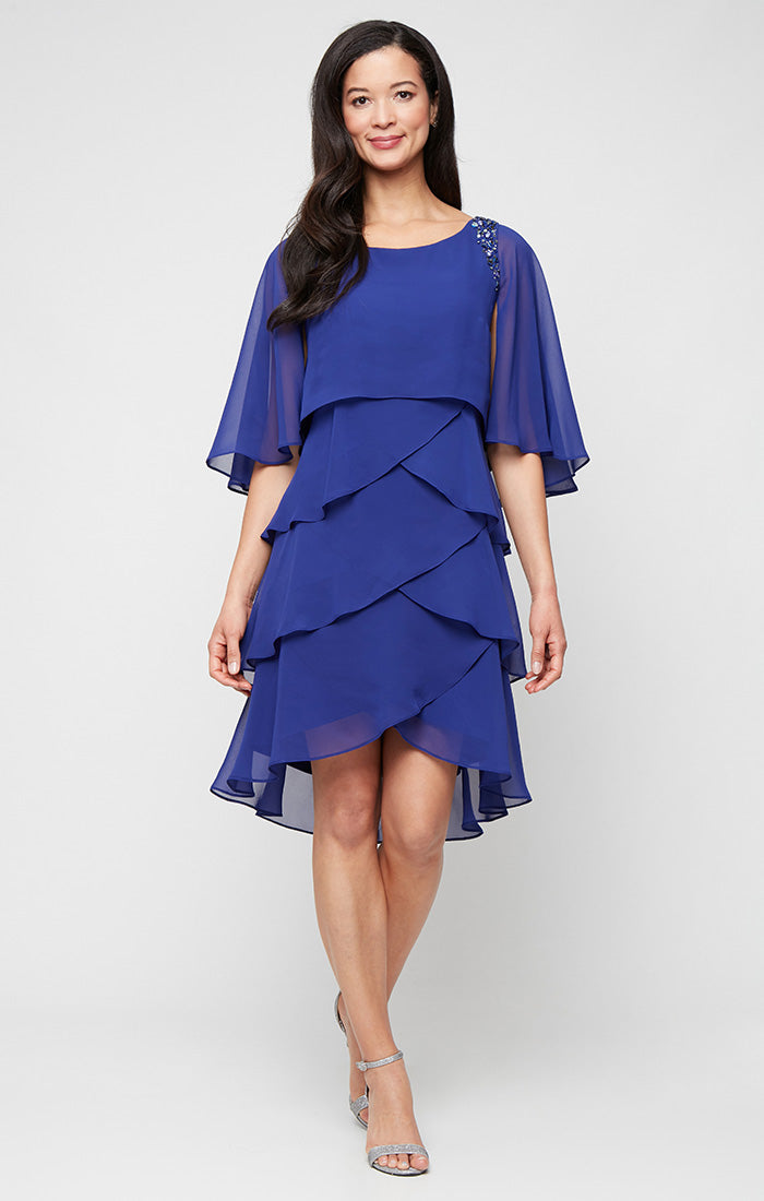 Chiffon Beaded Shoulder Tiered Cocktail Dress with Flutter Sleeves