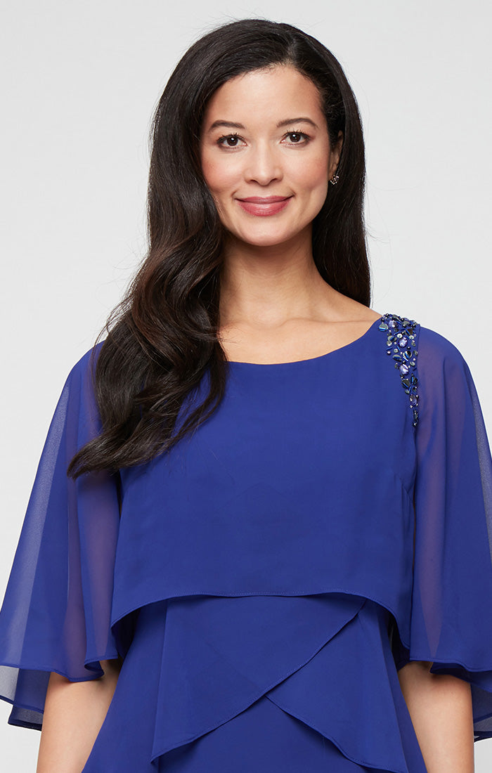 Chiffon Beaded Shoulder Tiered Cocktail Dress with Flutter Sleeves