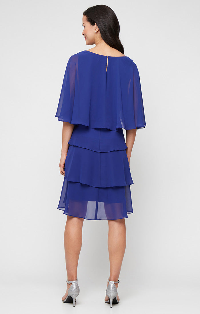 Chiffon Beaded Shoulder Tiered Cocktail Dress with Flutter Sleeves