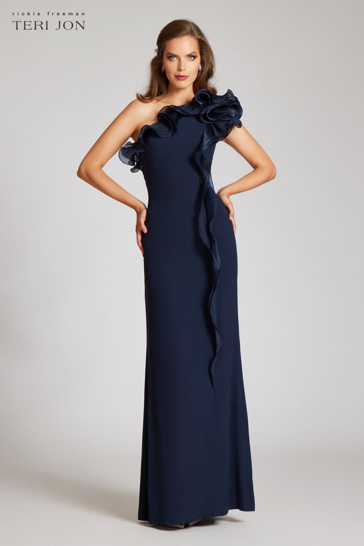 Crepe Column Gown With Organza Ruffle Neckline