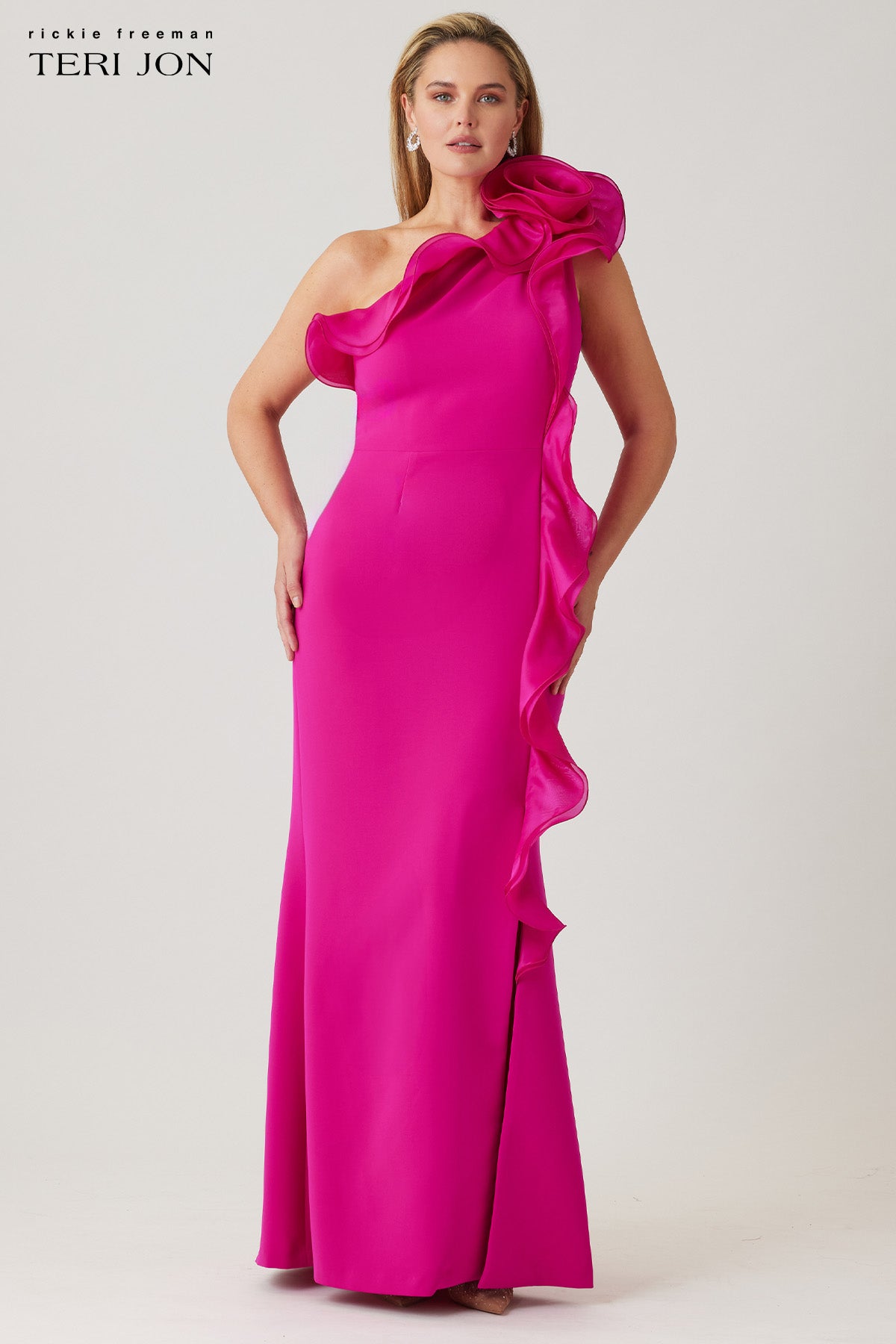 Crepe Column Gown With Organza Ruffle Neckline