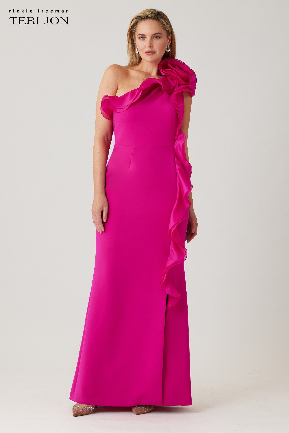 Crepe Column Gown With Organza Ruffle Neckline