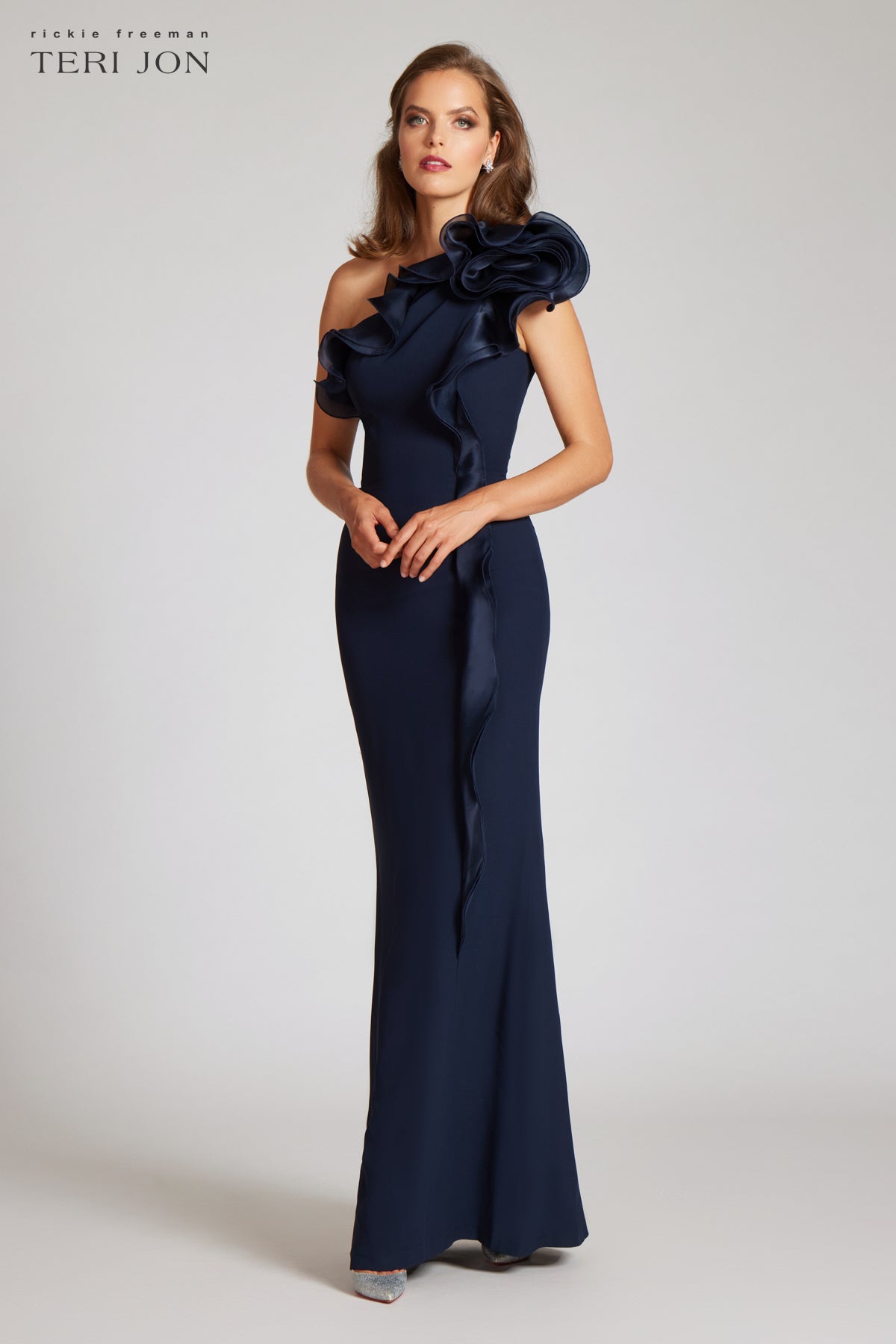 Crepe Column Gown With Organza Ruffle Neckline