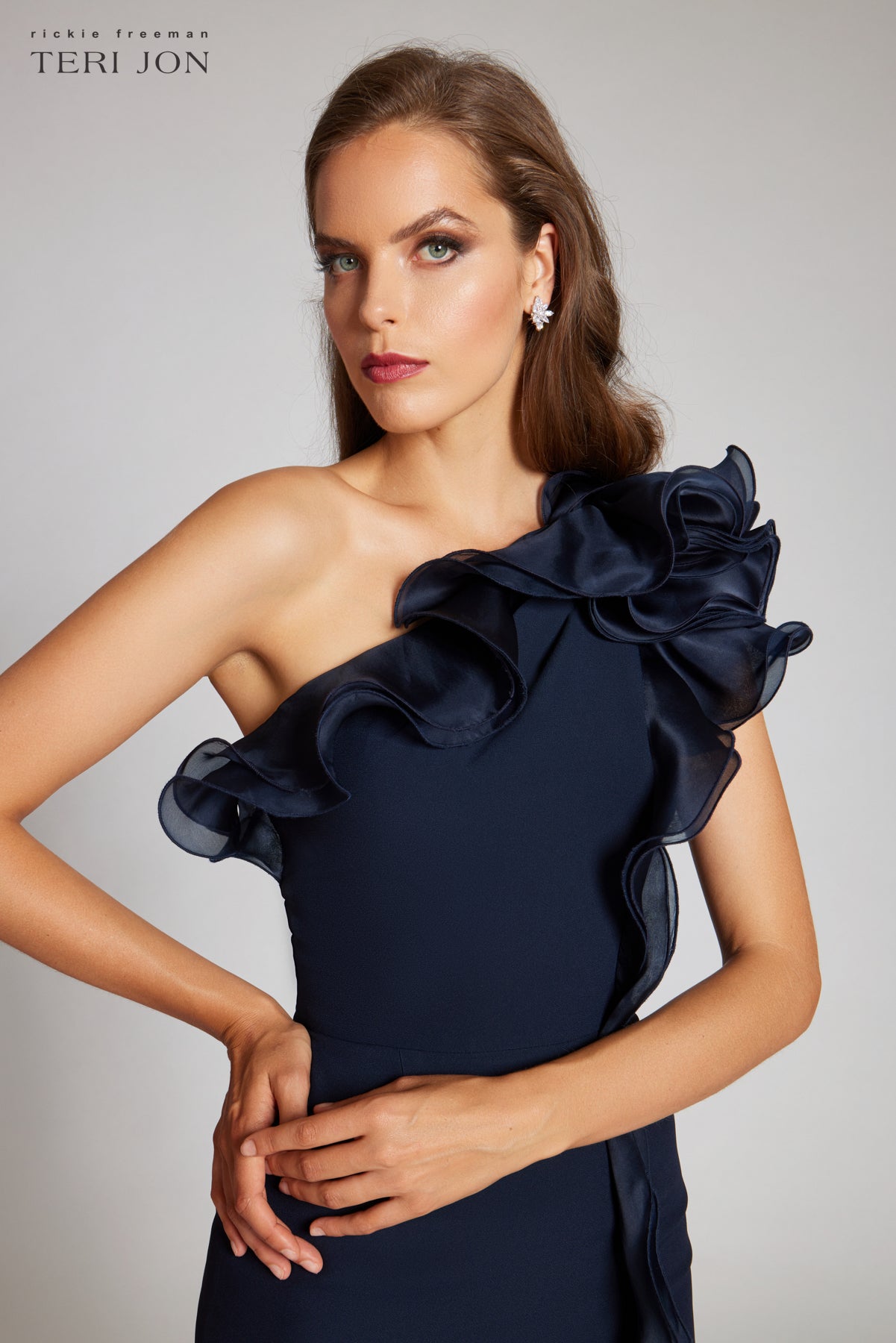Crepe Column Gown With Organza Ruffle Neckline