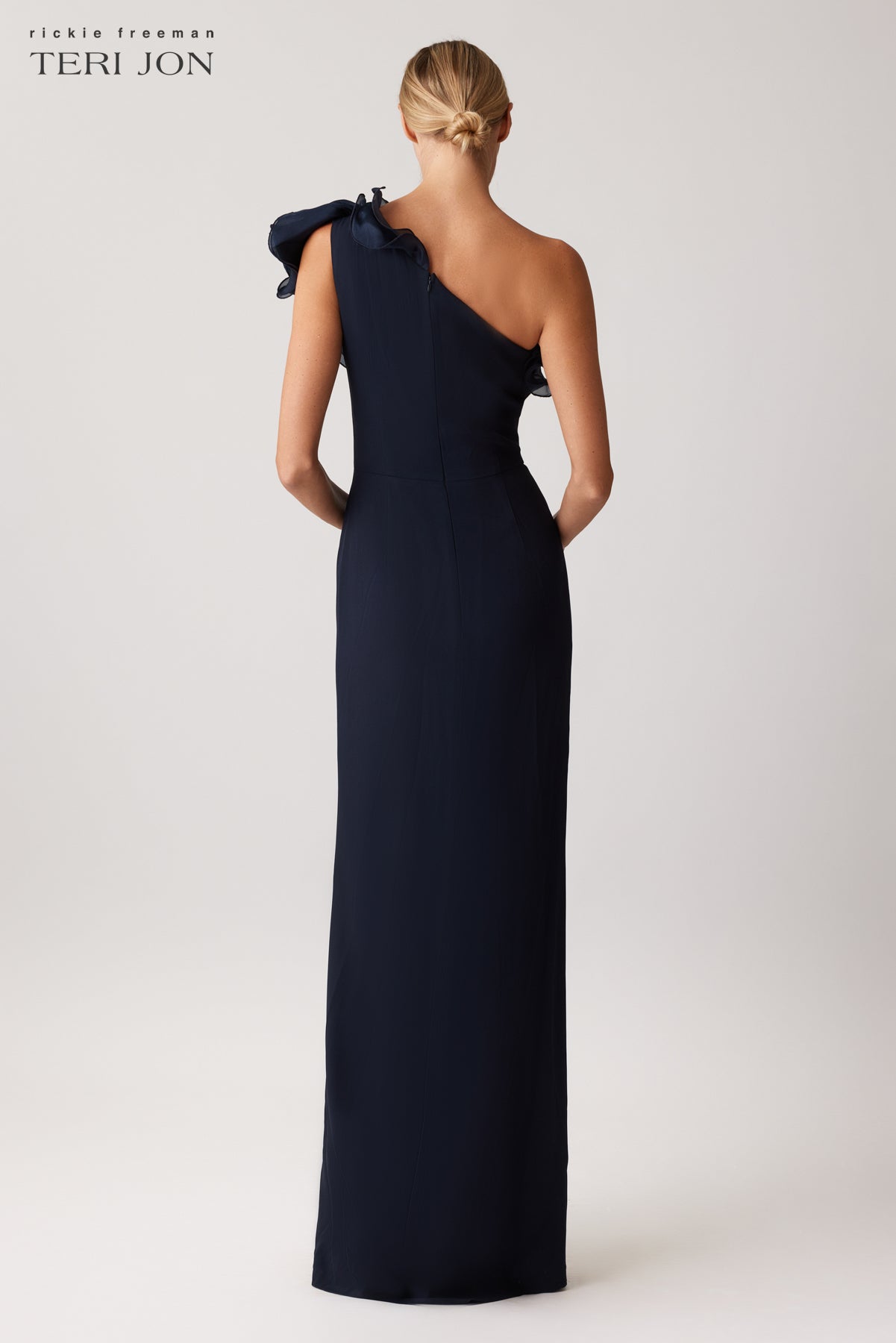 Crepe Column Gown With Organza Ruffle Neckline