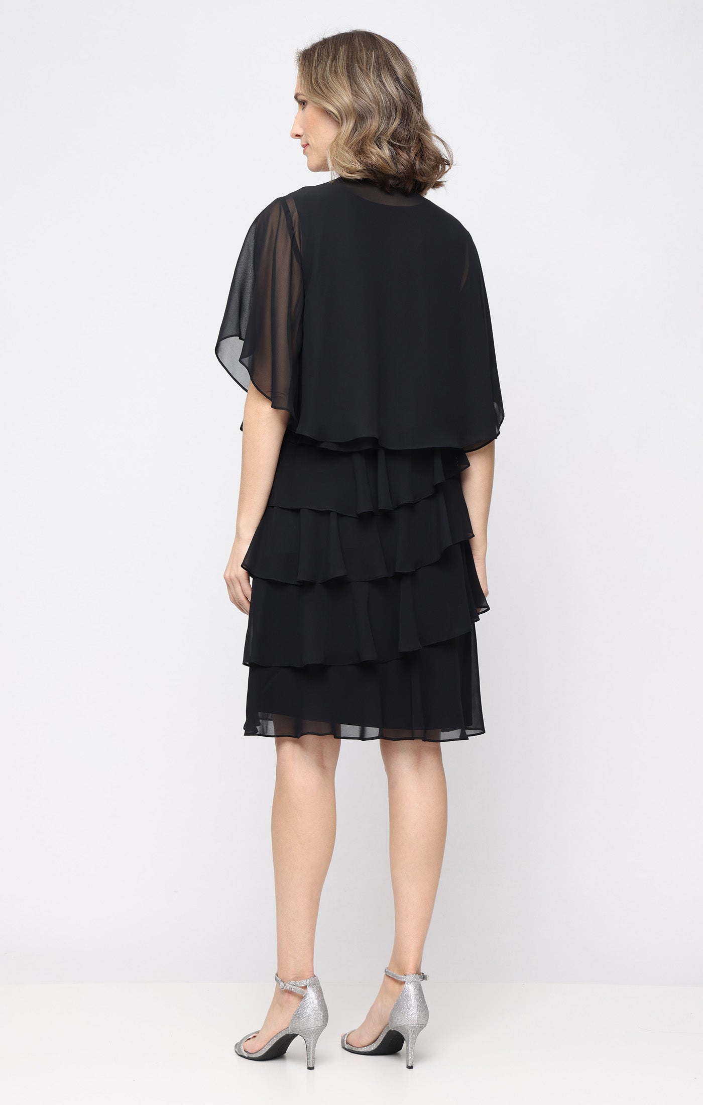 Short Chiffon Jacket Dress with Asymmetric Tiers and Open Cascade Jacket