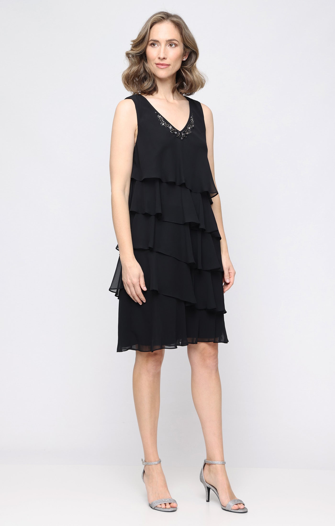 Short Chiffon Jacket Dress with Asymmetric Tiers and Open Cascade Jacket