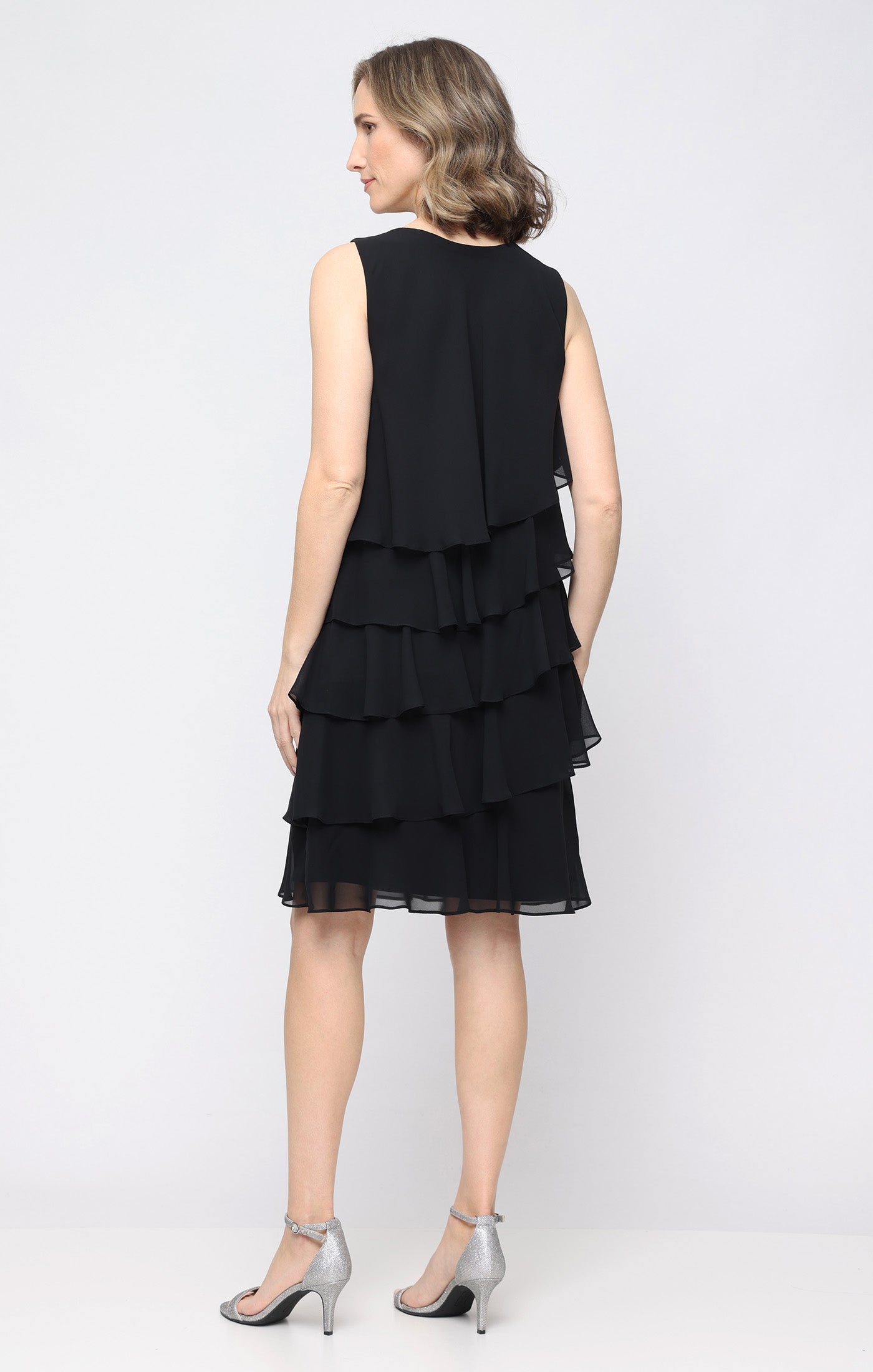 Short Chiffon Jacket Dress with Asymmetric Tiers and Open Cascade Jacket