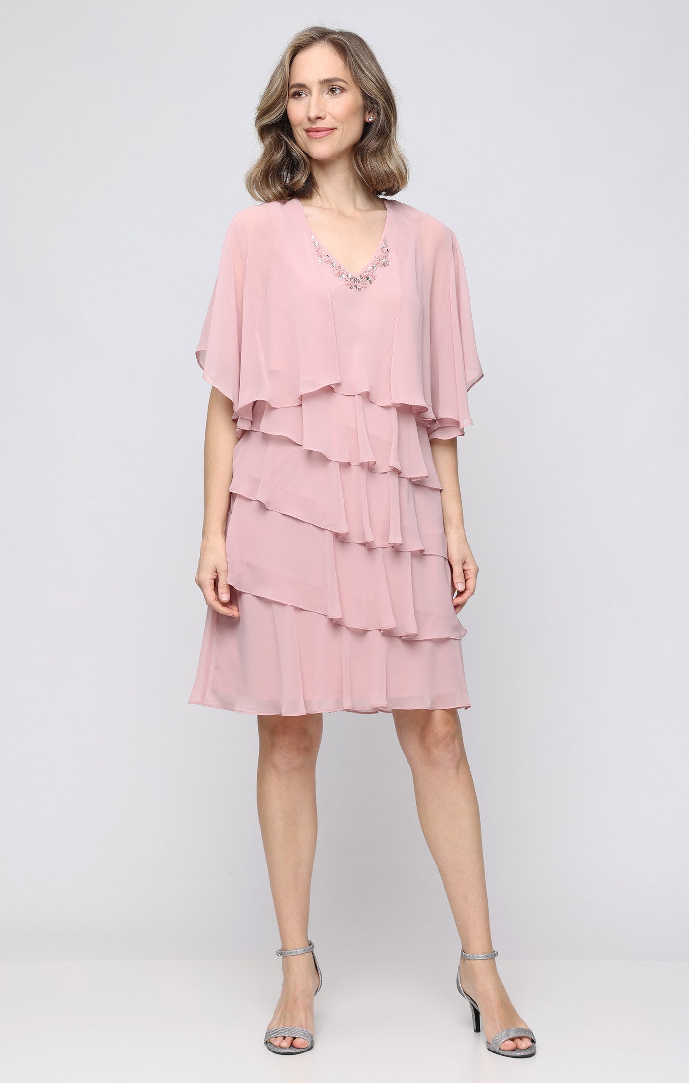 Short Chiffon Jacket Dress with Asymmetric Tiers and Open Cascade Jacket