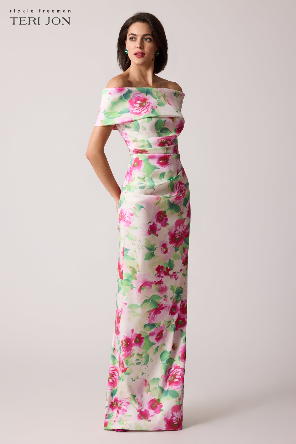 Mikado Ruched Off The Shoulder Print Stretch Gown