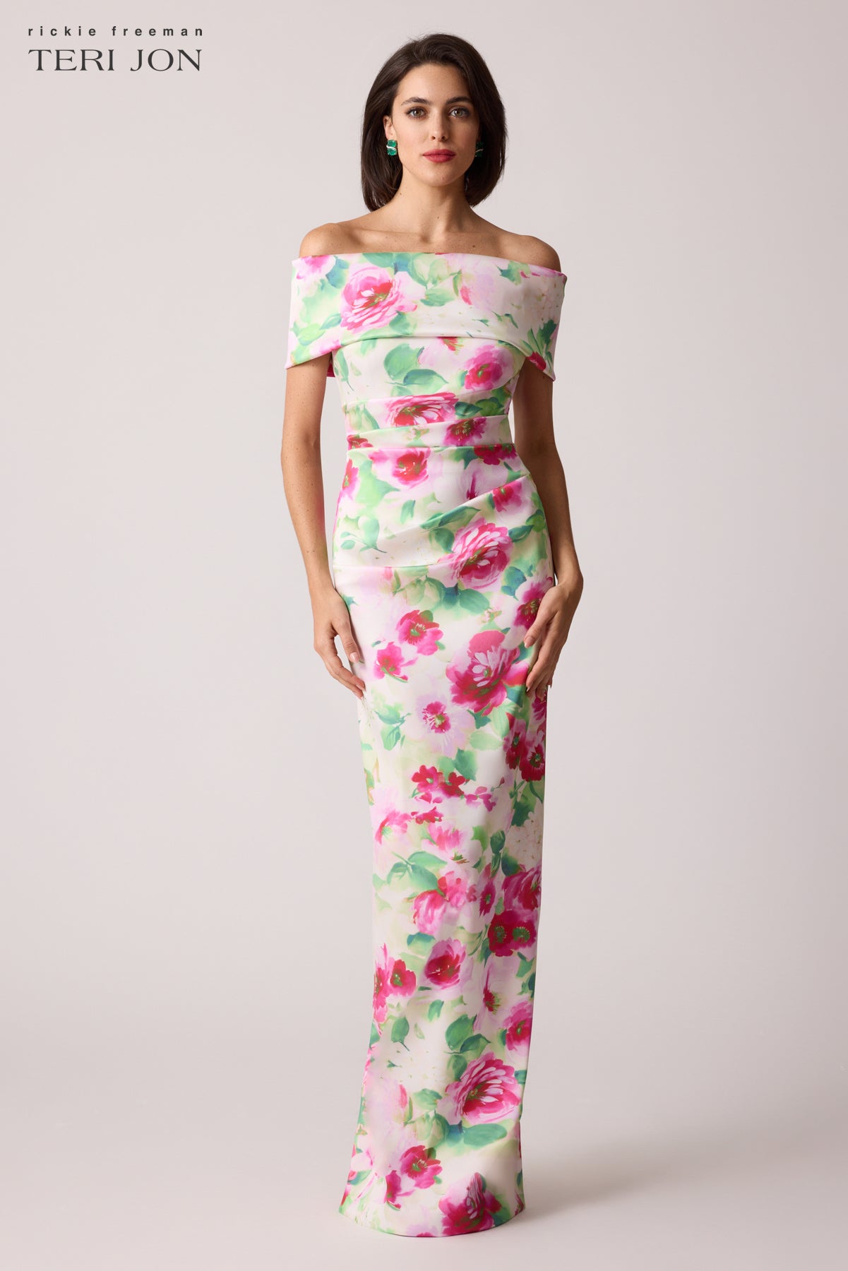 Mikado Ruched Off The Shoulder Print Stretch Gown
