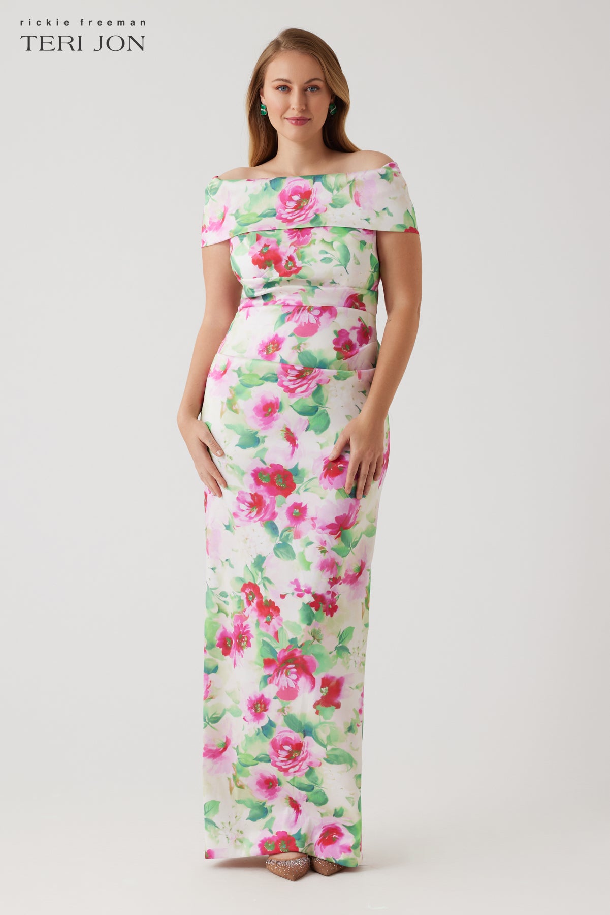 Mikado Ruched Off The Shoulder Print Stretch Gown