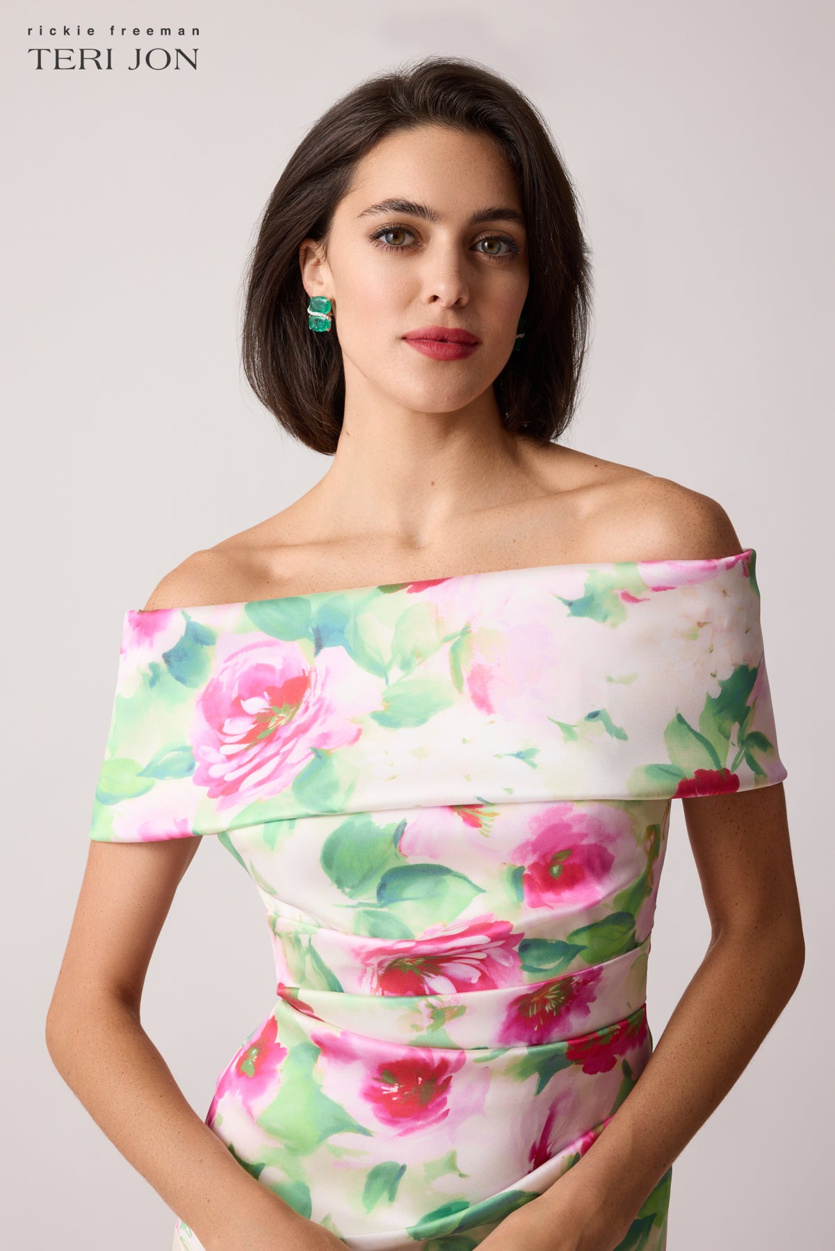 Mikado Ruched Off The Shoulder Print Stretch Gown