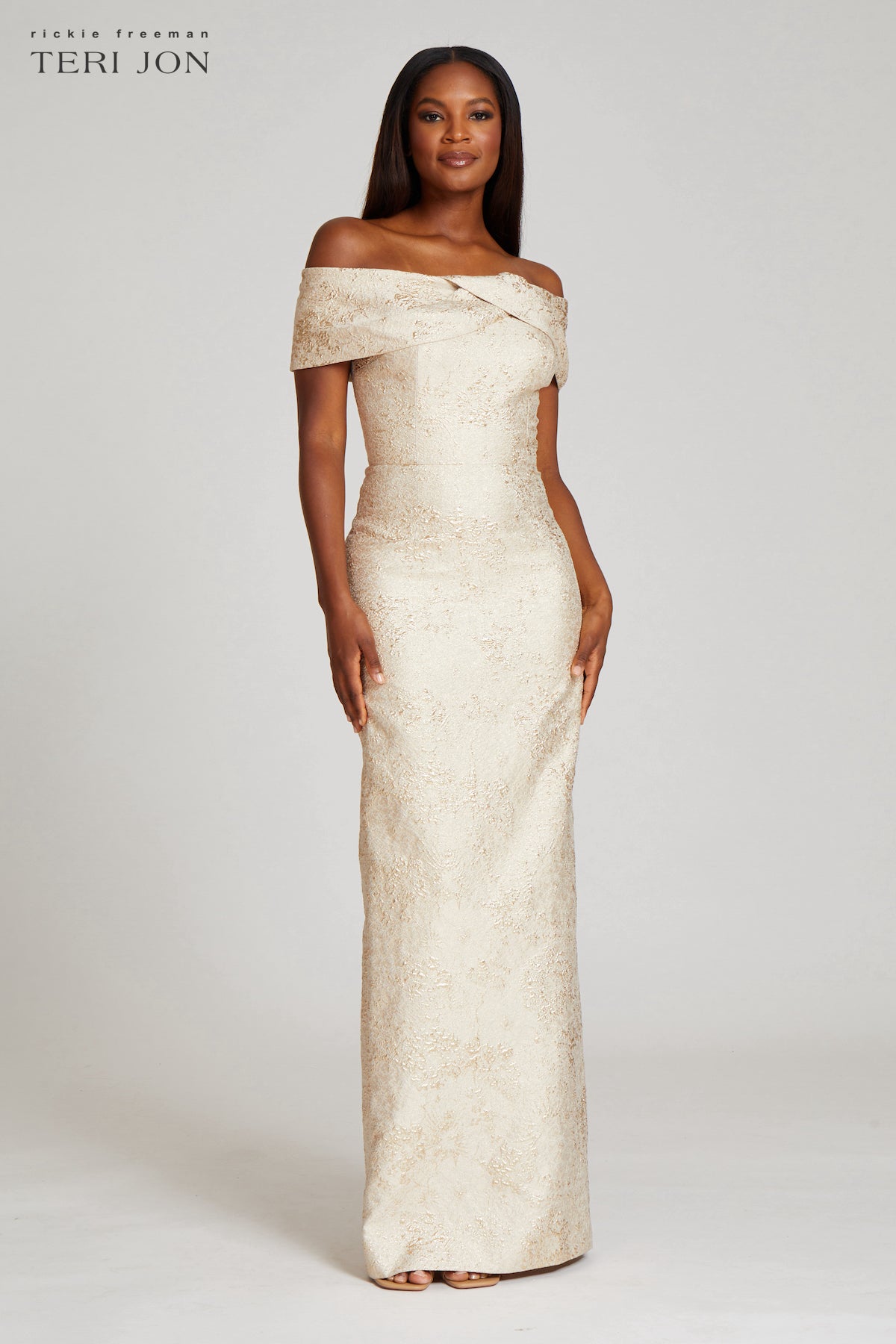 Jacquard Off The Shoulder Portrait Column Gown