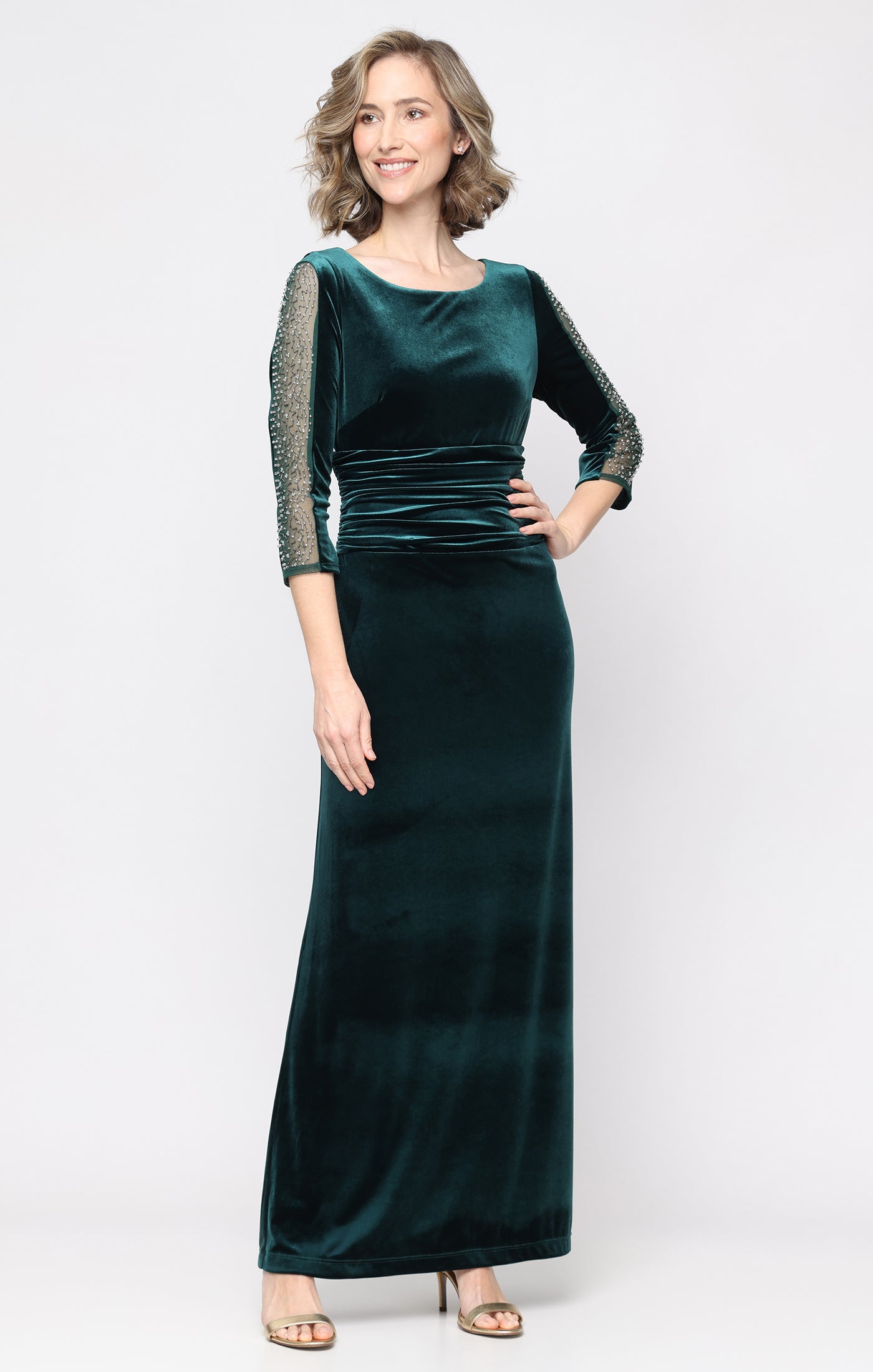 Long Stretch Velvet Dress with Ruched Waist and Beaded Illusion Panel Sleeves