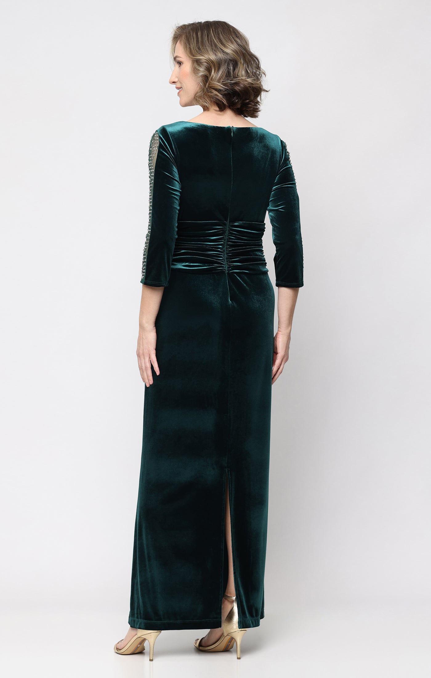 Long Stretch Velvet Dress with Ruched Waist and Beaded Illusion Panel Sleeves