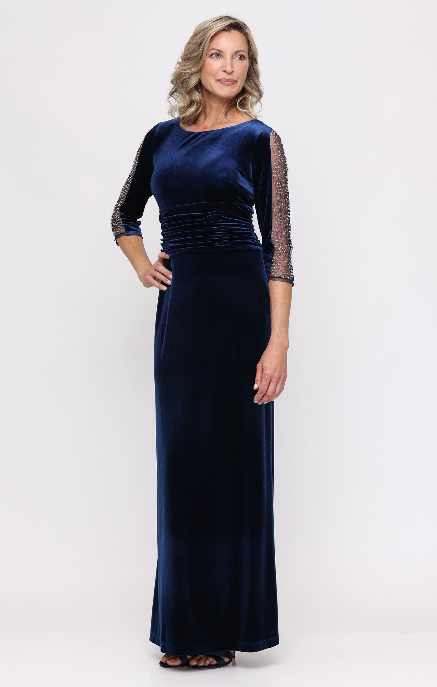 Long Stretch Velvet Dress with Ruched Waist and Beaded Illusion Panel Sleeves