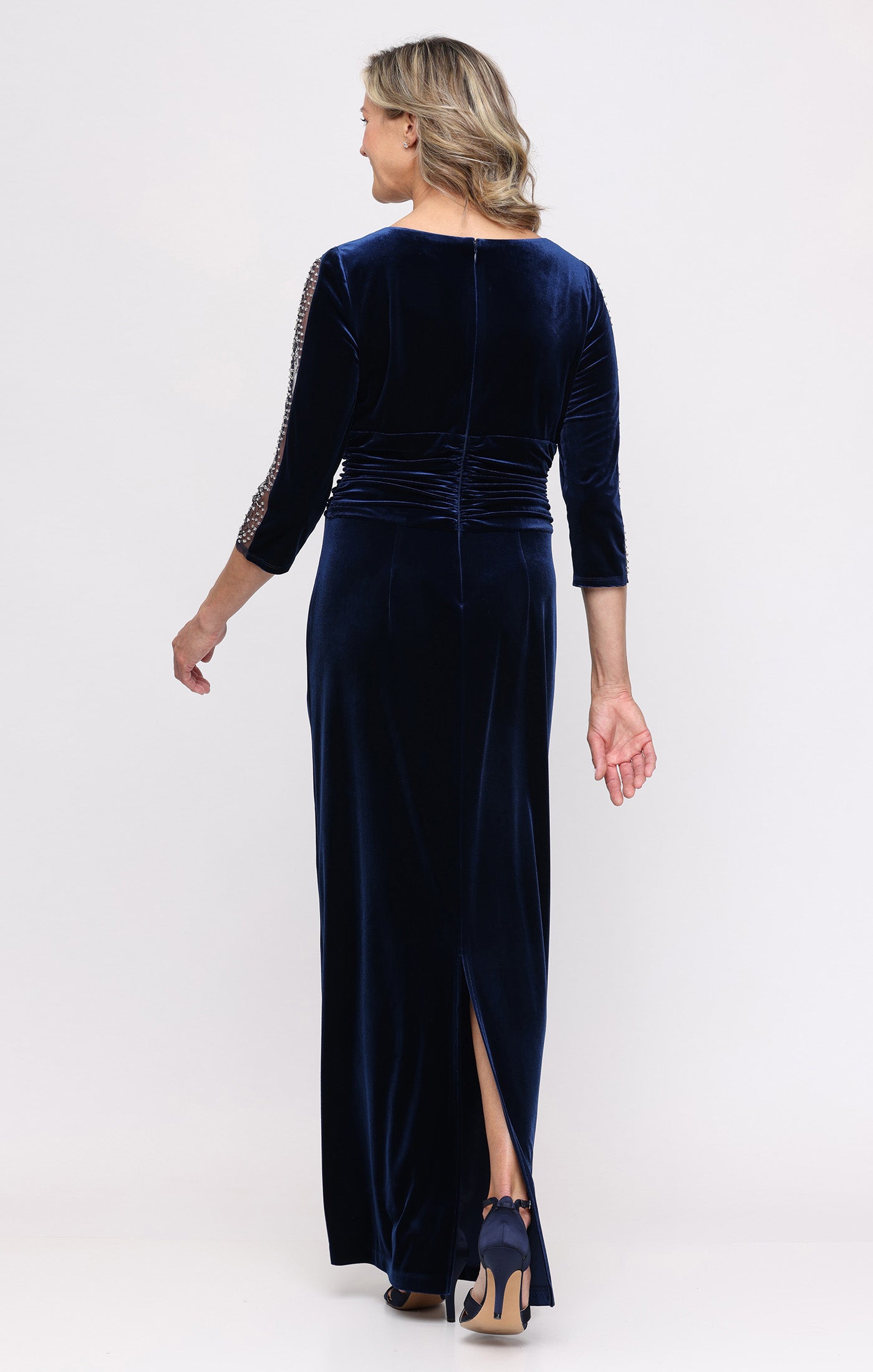 Long Stretch Velvet Dress with Ruched Waist and Beaded Illusion Panel Sleeves