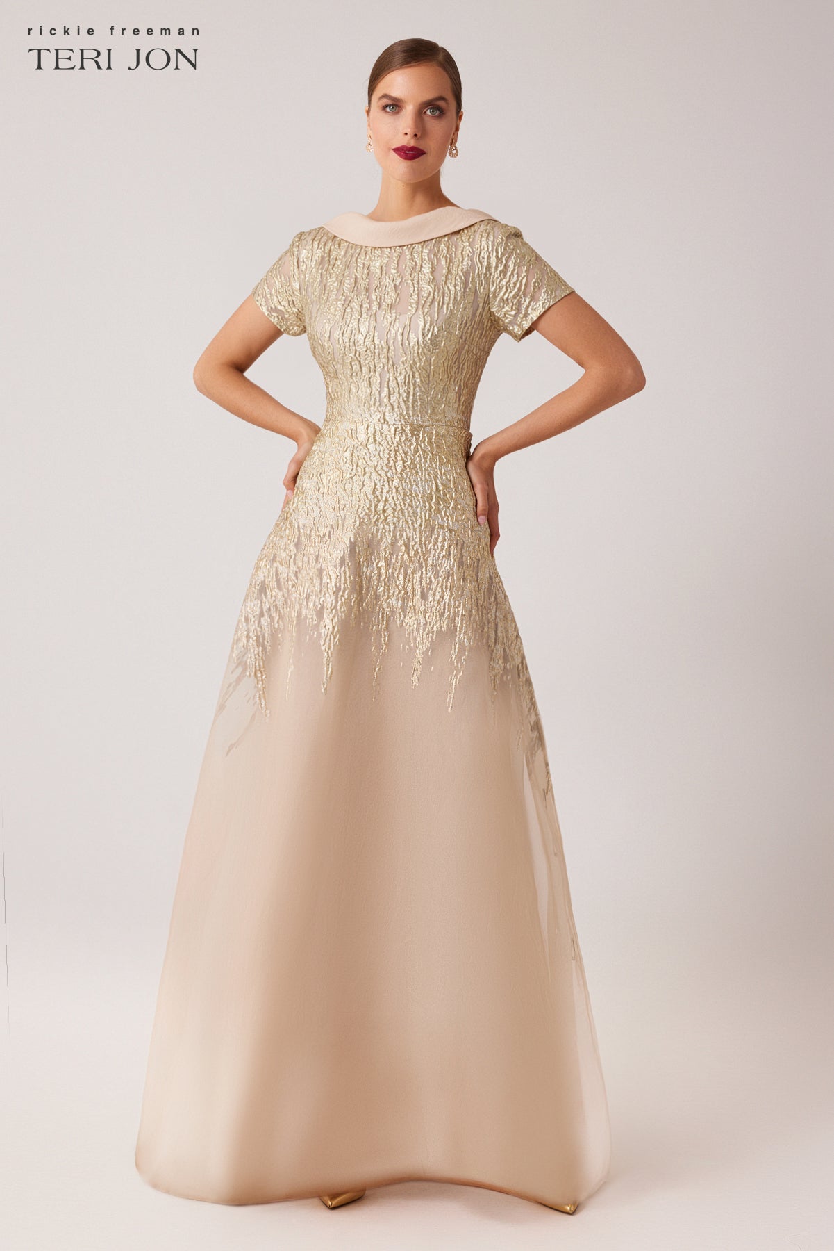 Roll Neck Metallic Organza Jacquard Gown