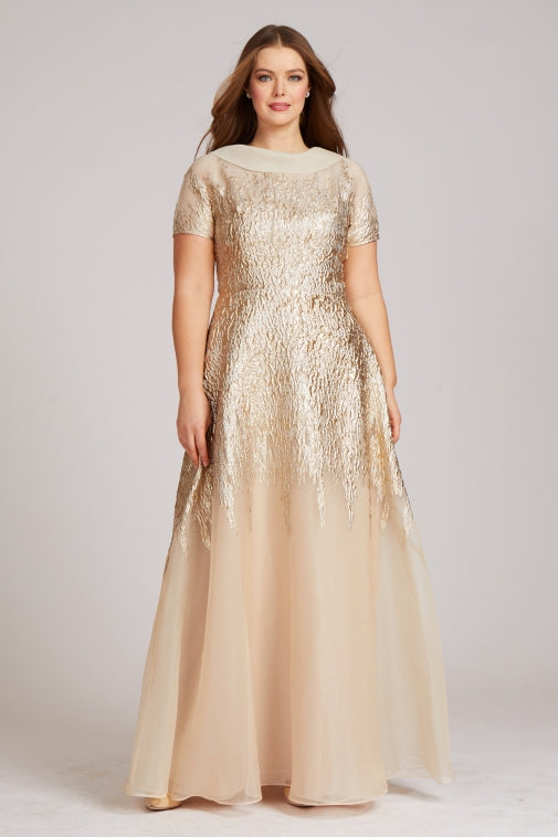 Roll Neck Metallic Organza Jacquard Gown