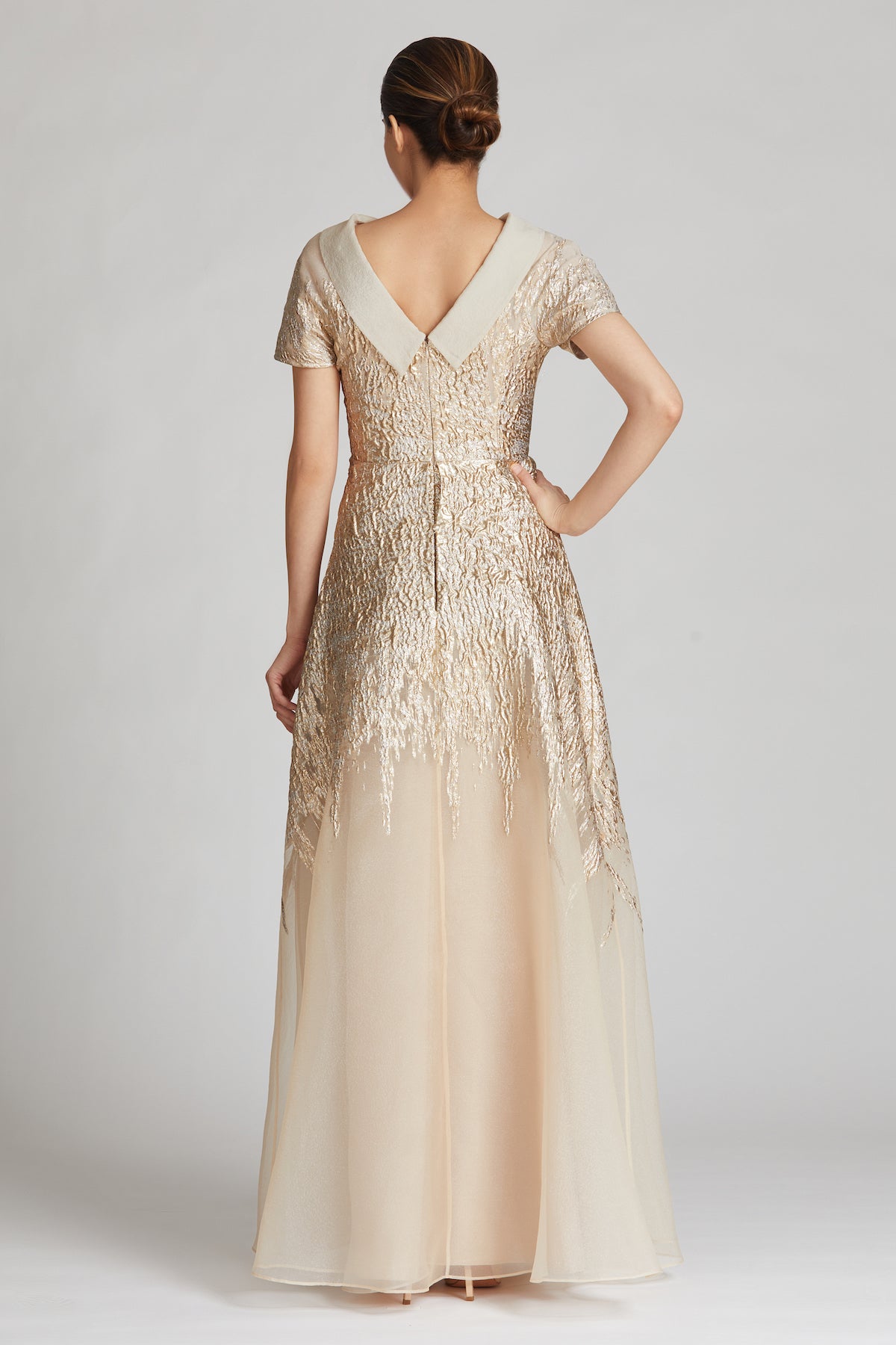 Roll Neck Metallic Organza Jacquard Gown