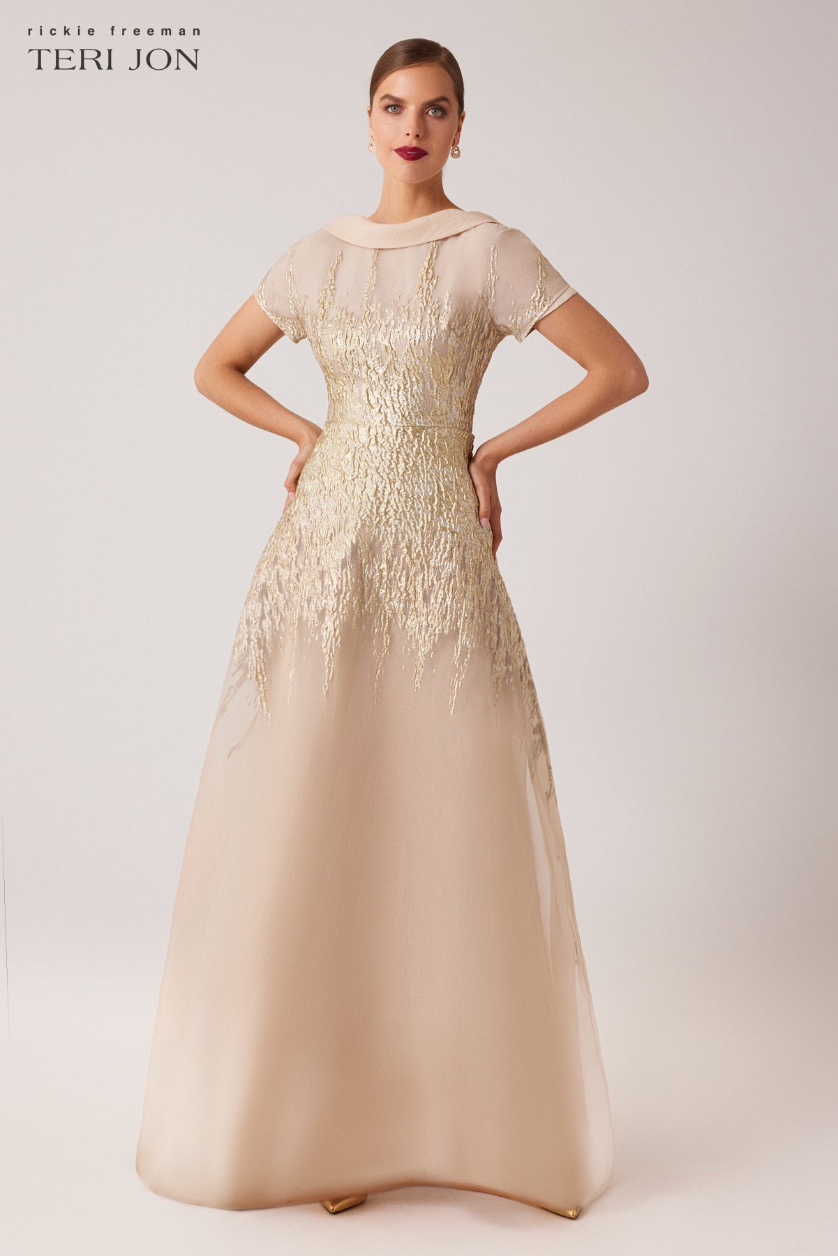 Roll Neck Metallic Organza Jacquard Gown