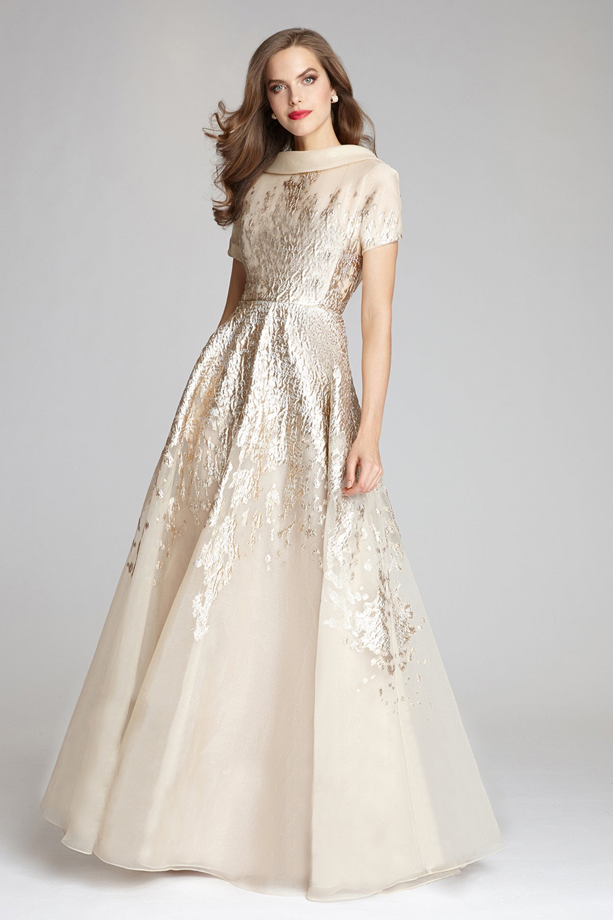 Roll Neck Metallic Organza Jacquard Gown