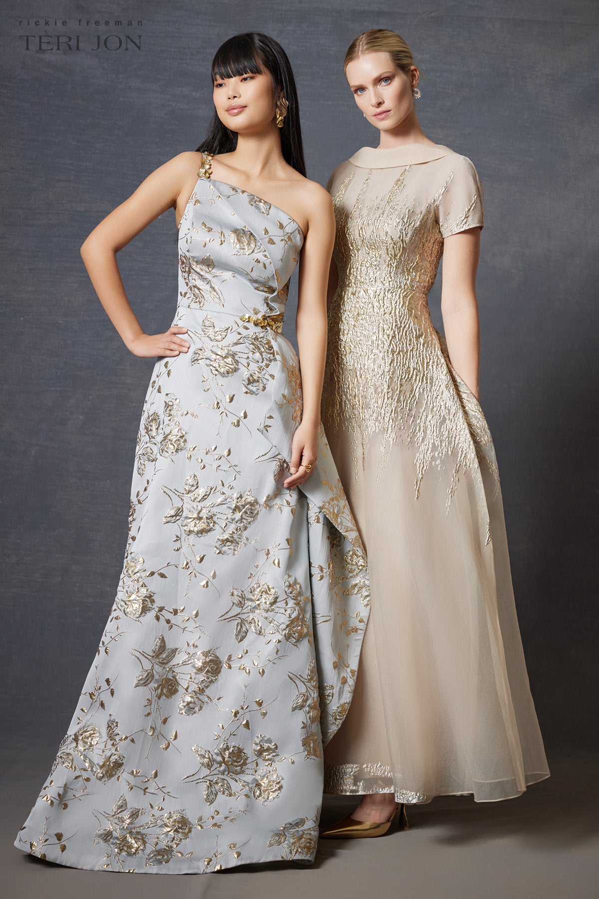 Roll Neck Metallic Organza Jacquard Gown