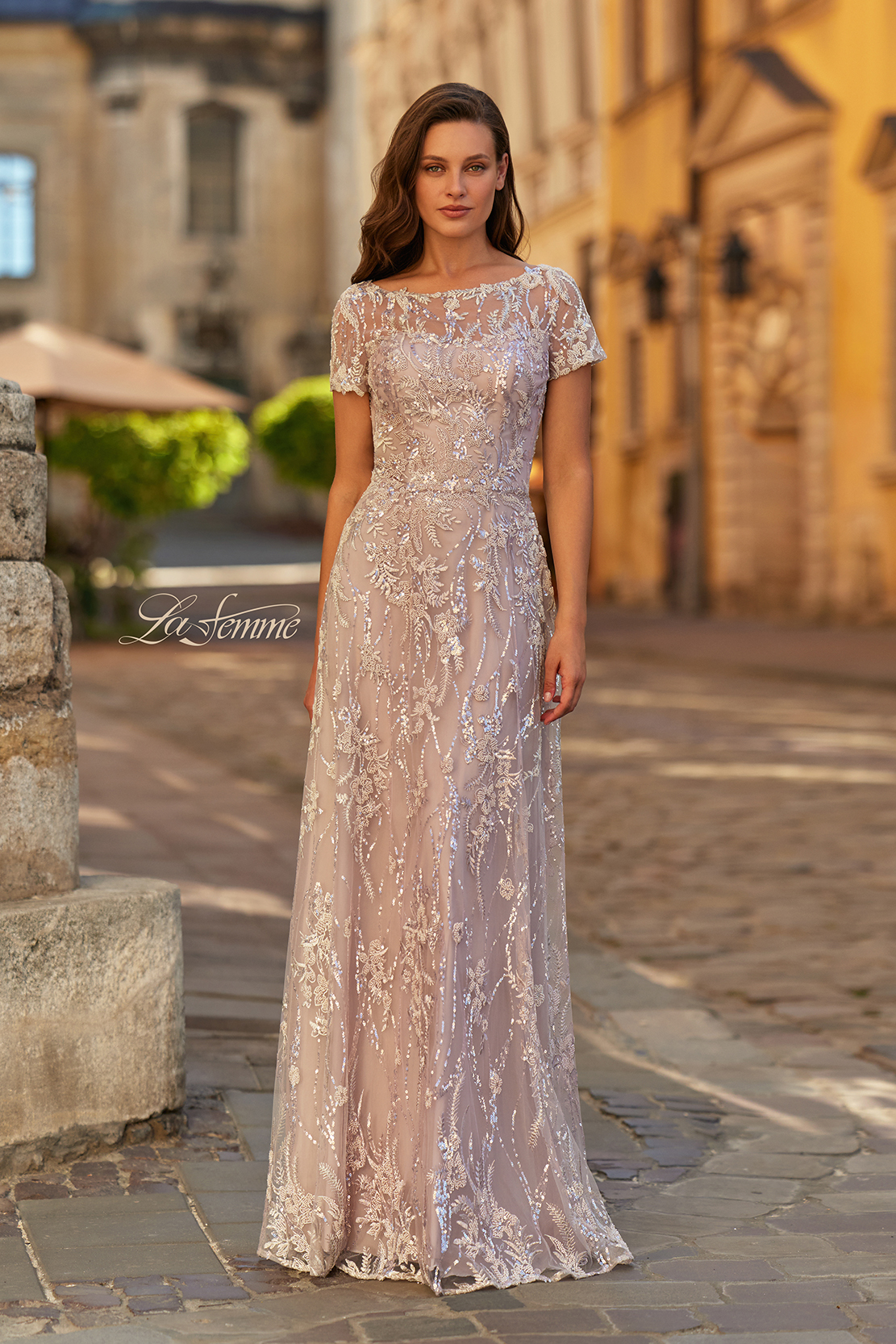 Short Sleeve Embroidered A-Line Gown with Illusion Neckline in Light Mauve