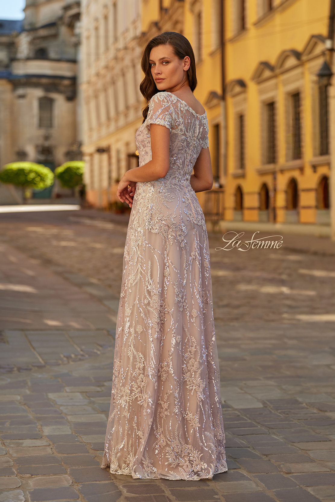 Short Sleeve Embroidered A-Line Gown with Illusion Neckline in Light Mauve