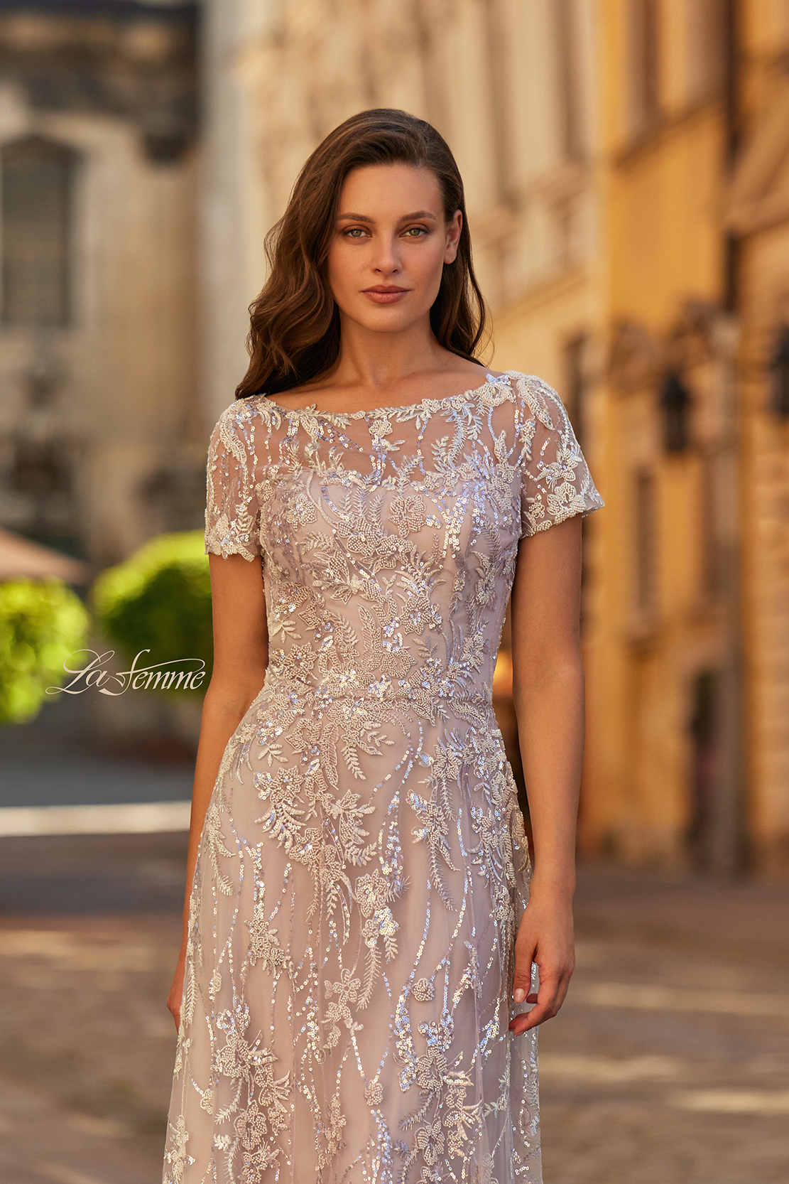 Short Sleeve Embroidered A-Line Gown with Illusion Neckline in Light Mauve
