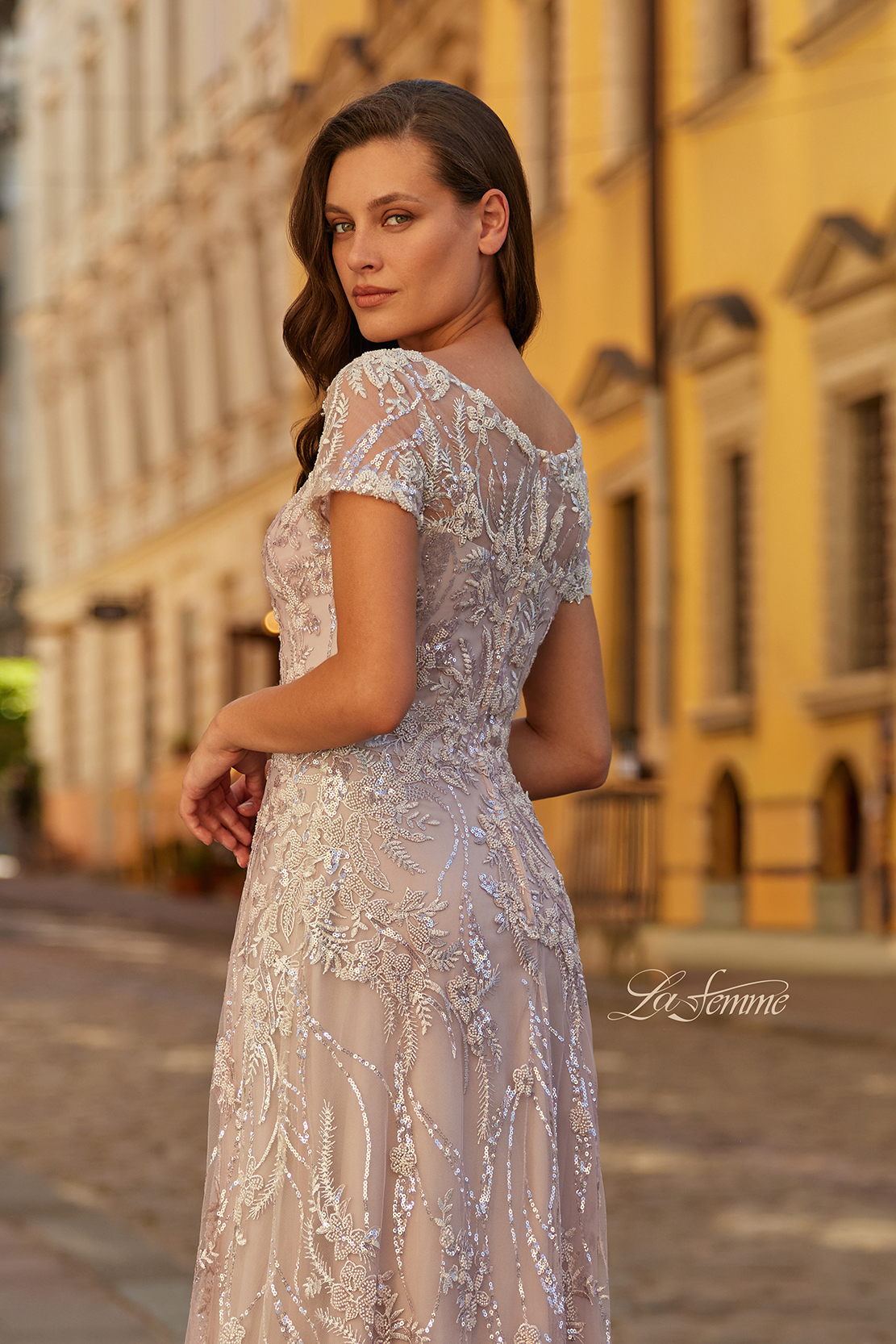 Short Sleeve Embroidered A-Line Gown with Illusion Neckline in Light Mauve