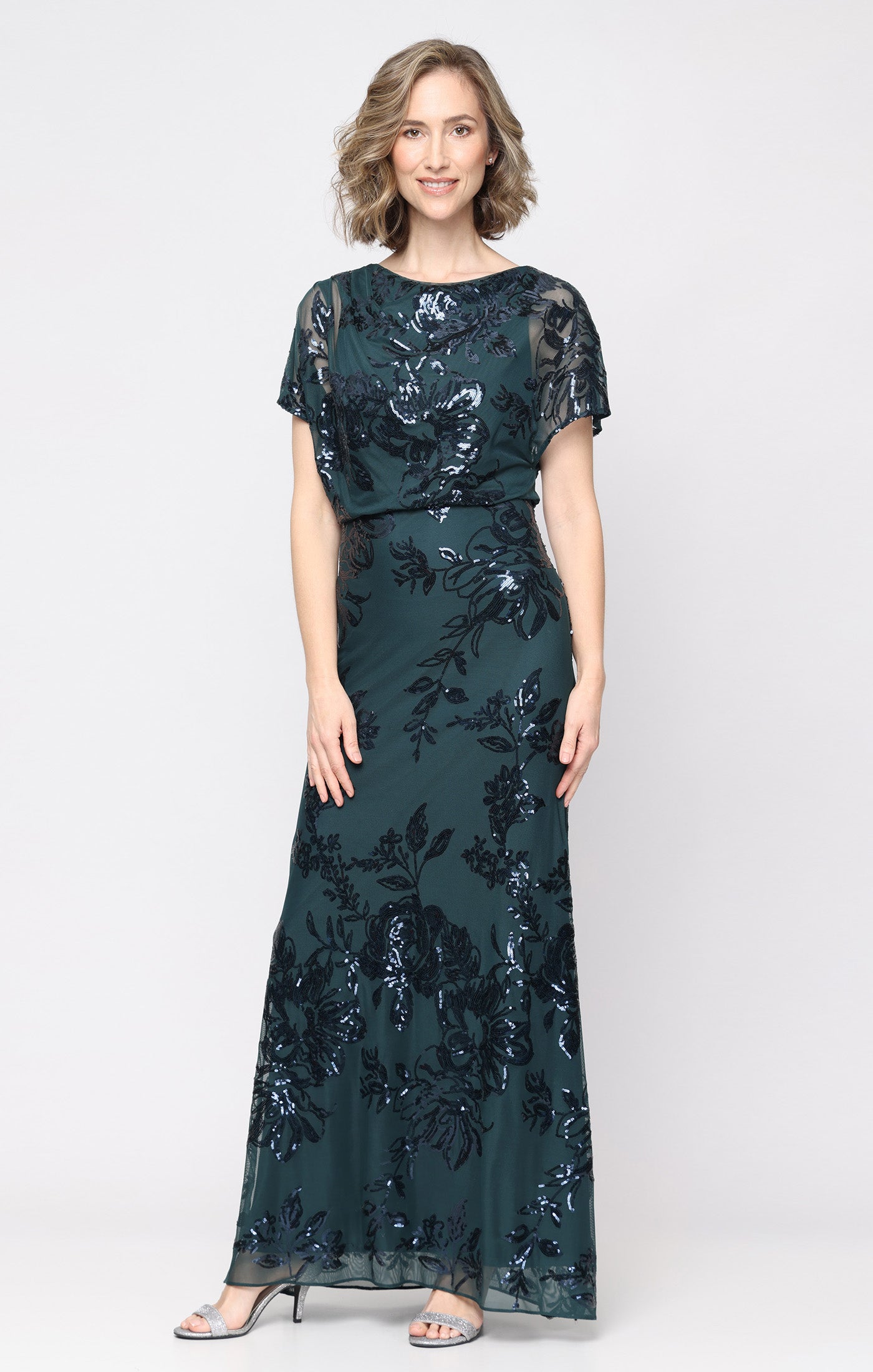 Long Power Mesh Sequin Blouson Dress with Flutter Sleeves